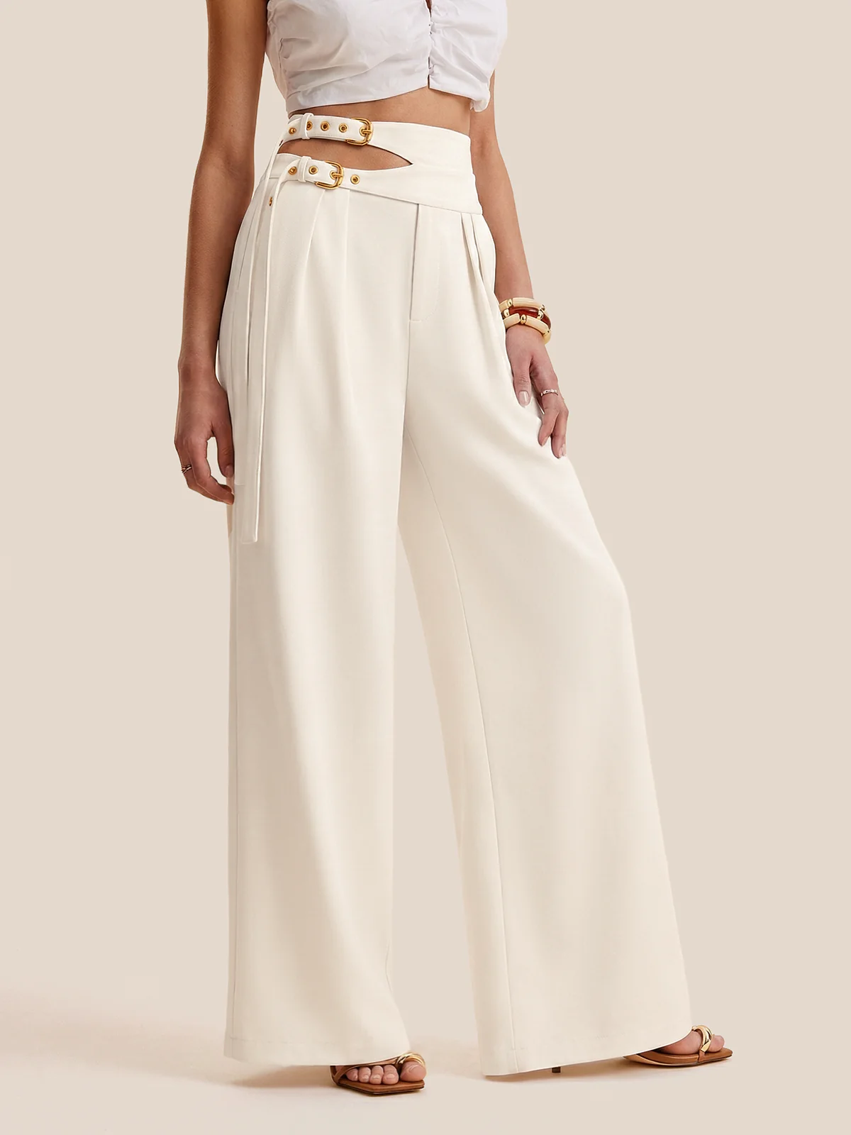 Cut-Out Double Buckle Wide Leg Pants
