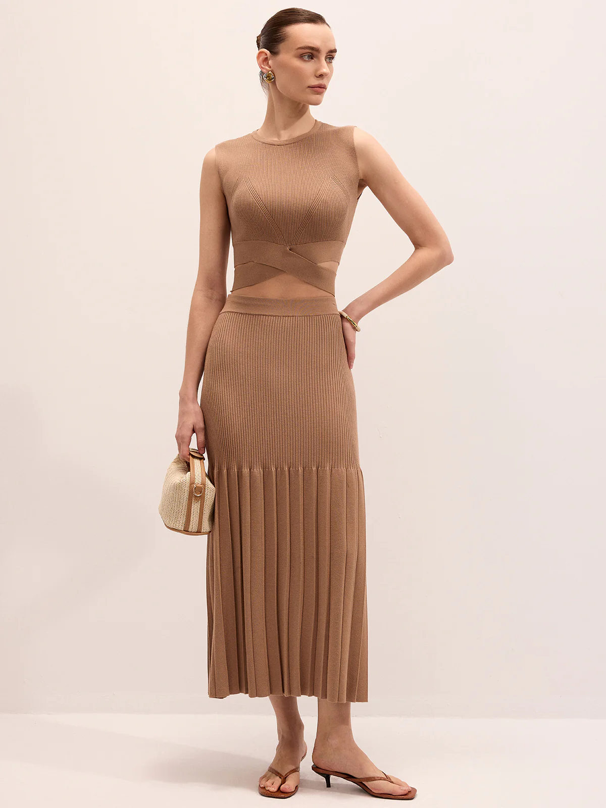 Cut-Out Knit Top & Pleated Midi Skirt Set