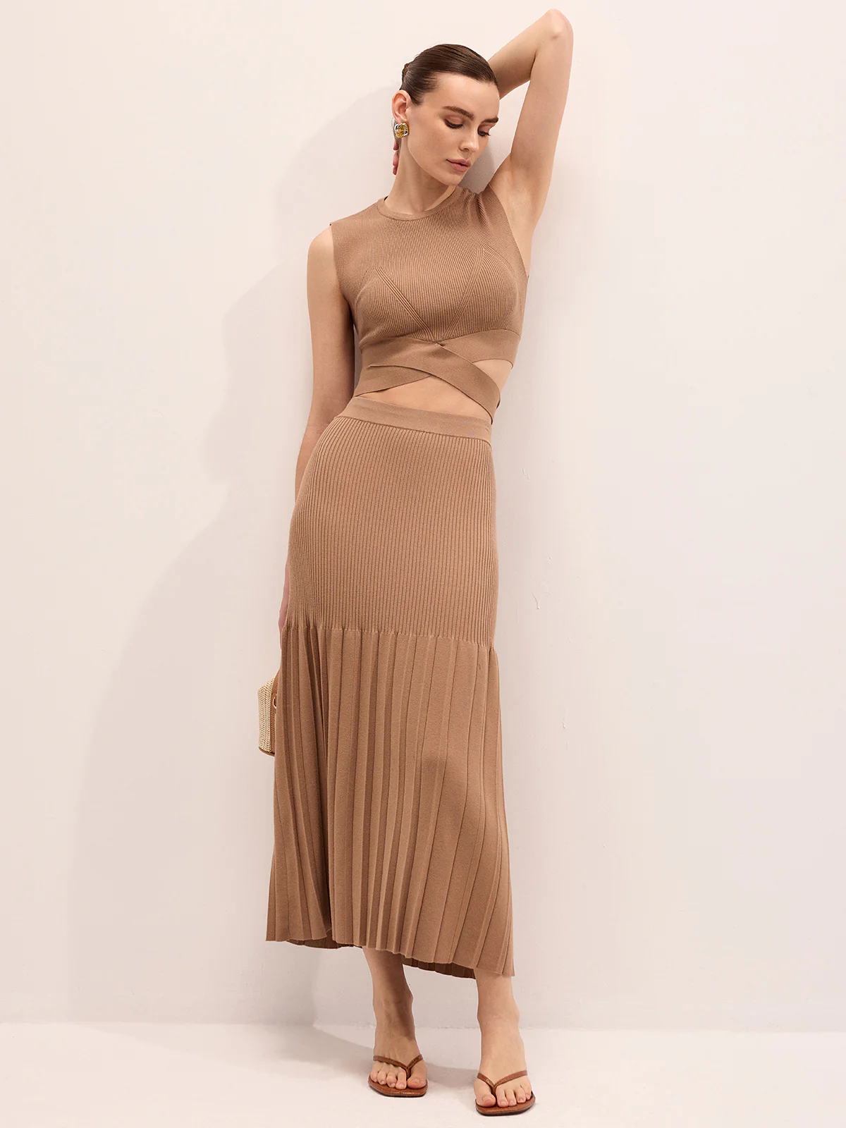 Cut-Out Knit Top & Pleated Midi Skirt Set - Image 3