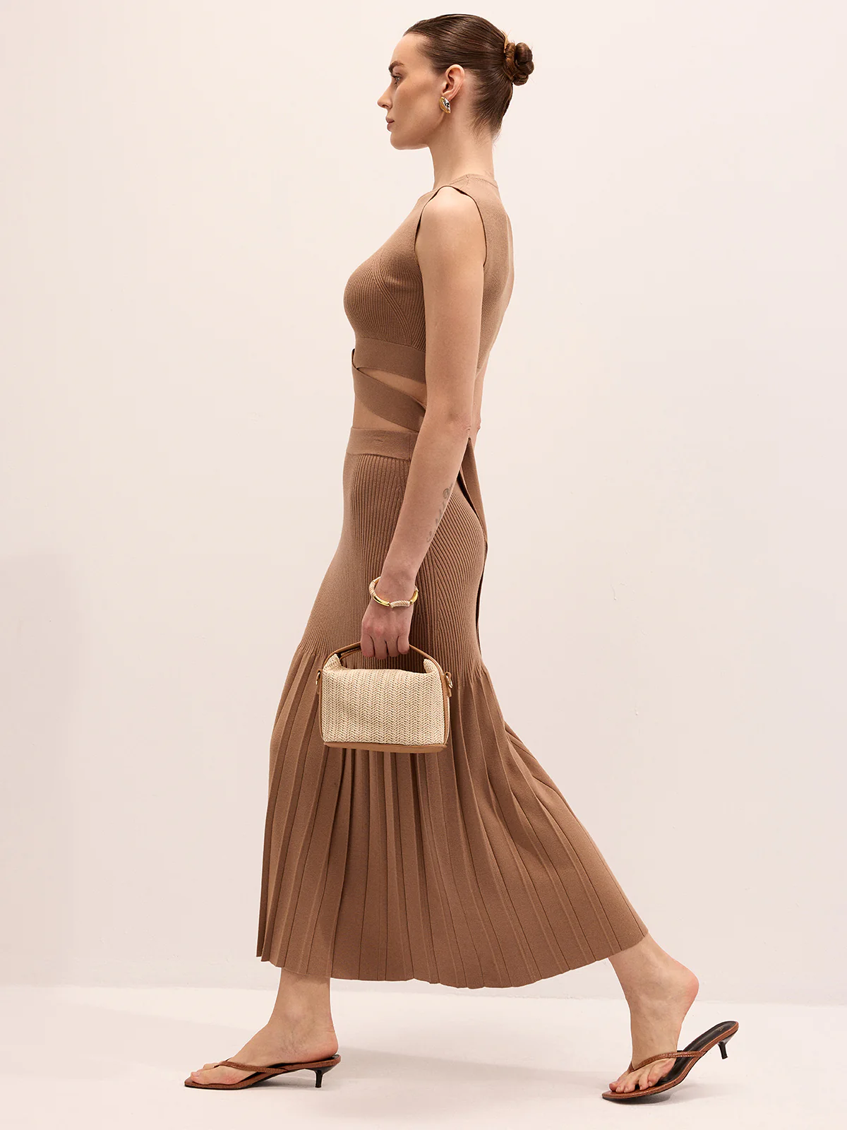 Cut-Out Knit Top & Pleated Midi Skirt Set - Image 4