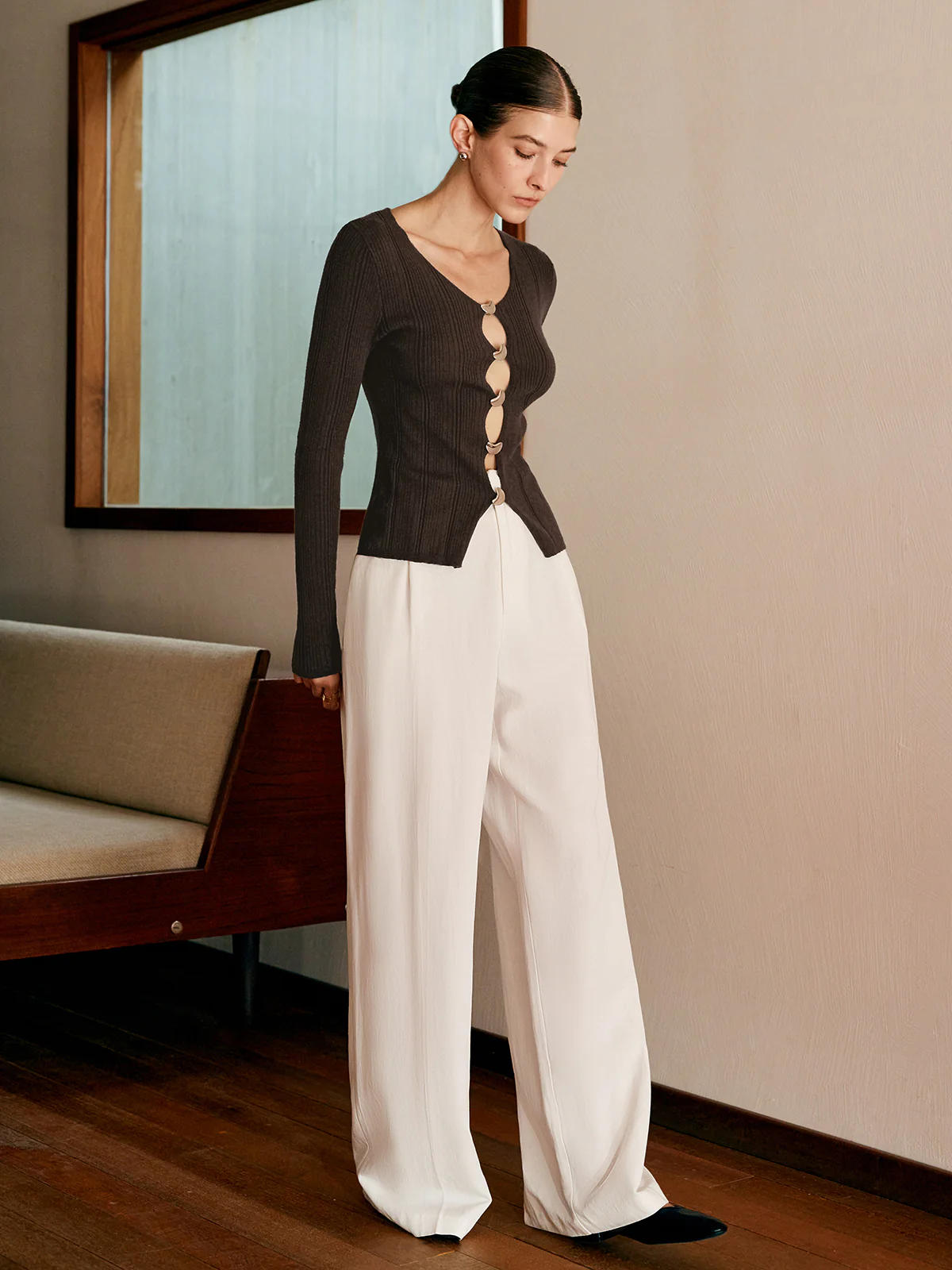 Cutout Metal Button Knit Top - Image 3