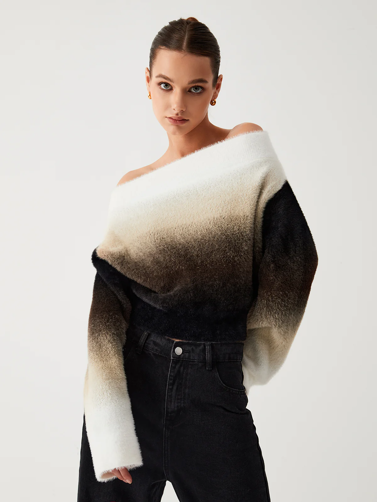 Dawn Ombre Fuzzy Off Shoulder Crop Sweater - Image 2