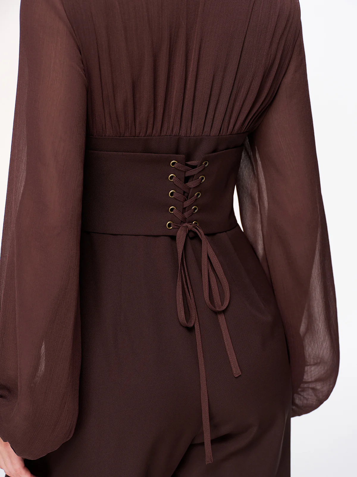 Deep V-Neck Chiffon Panel Pleated Jumpsuit - Image 6