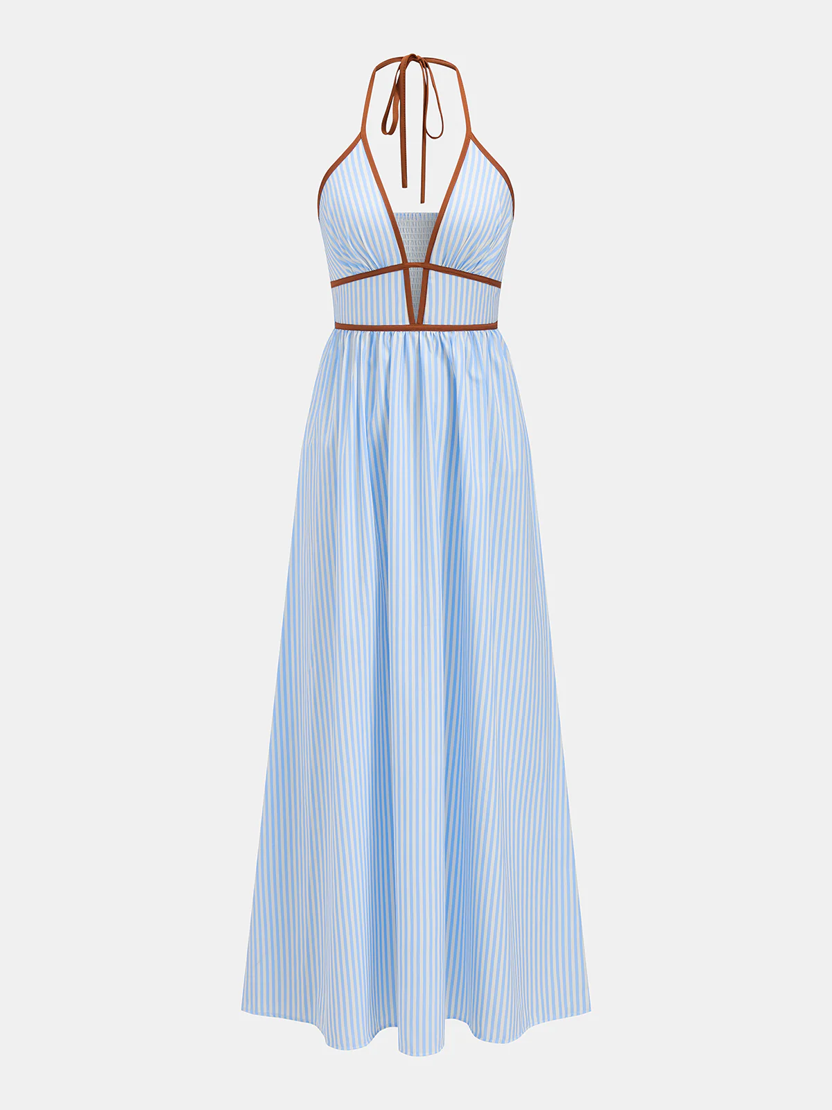 Deep V Neck Halter Striped Midi Dress - Image 2