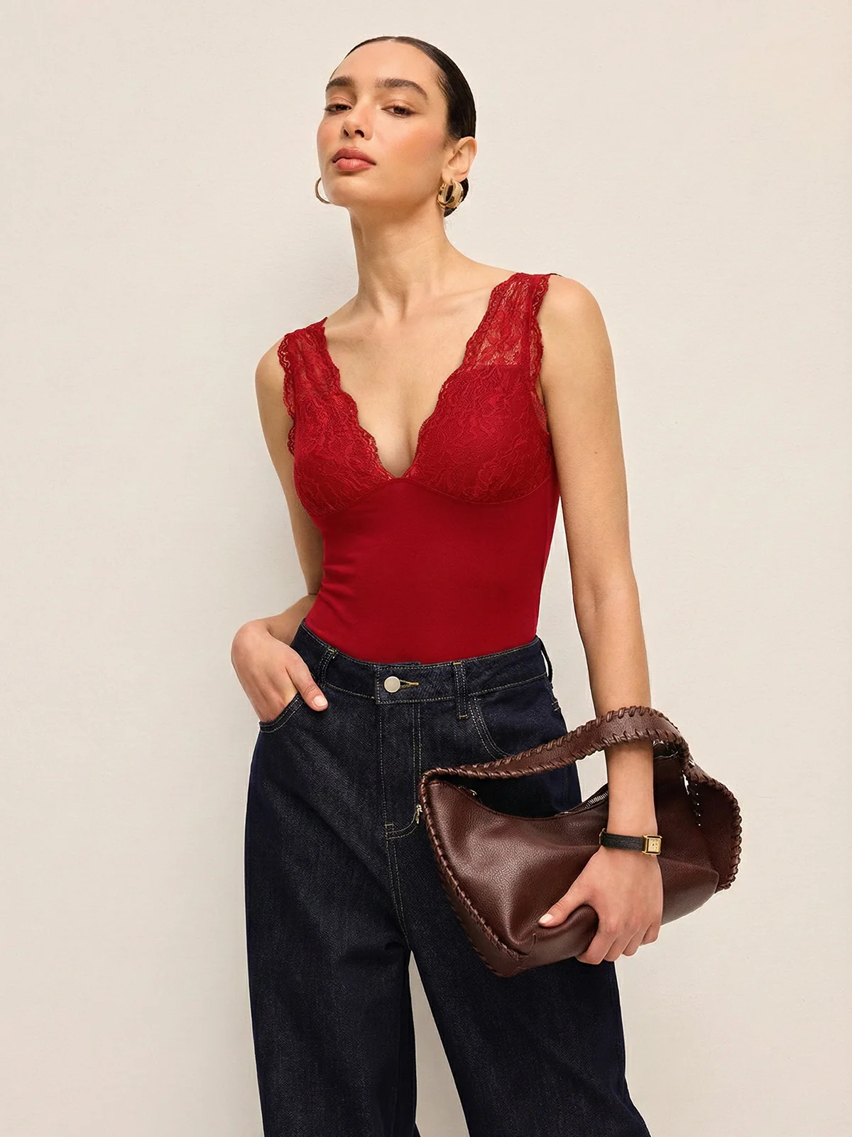 Deep V-Neck Lace-Trimmed Bodysuit