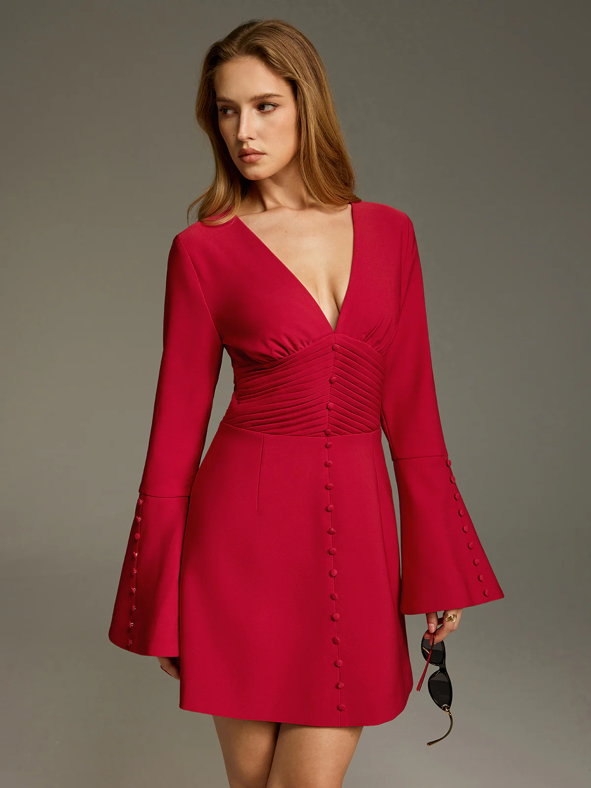 Deep V Ruched Bell-Sleeve Mini Dress - Image 4
