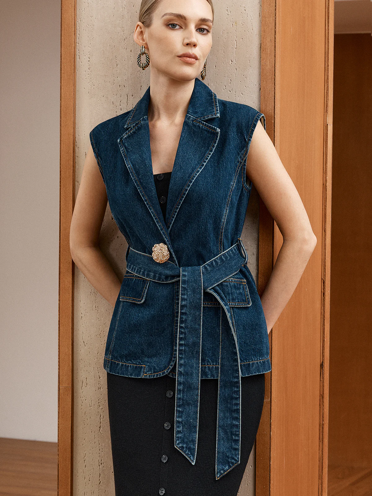 Denim Belted Blazer Vest - Image 3