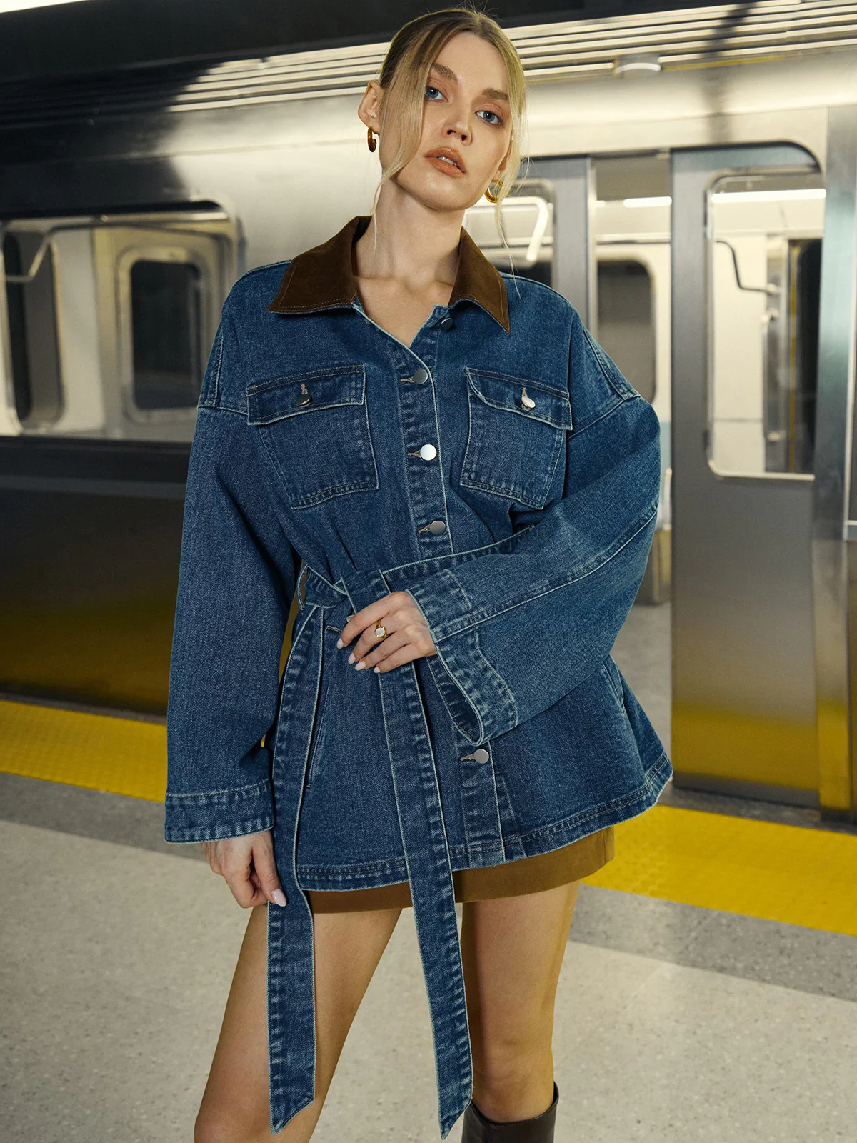 Denim Belted Lapel Jacket - Image 7