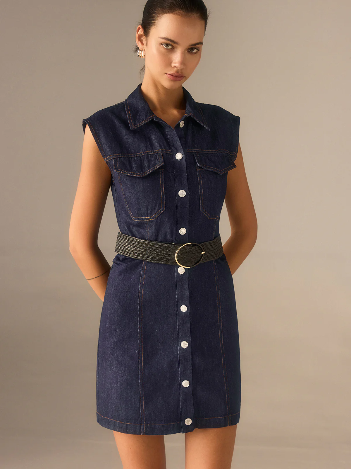 Denim Button-Front Collared Sleeveless Dress Without Belted - Image 2