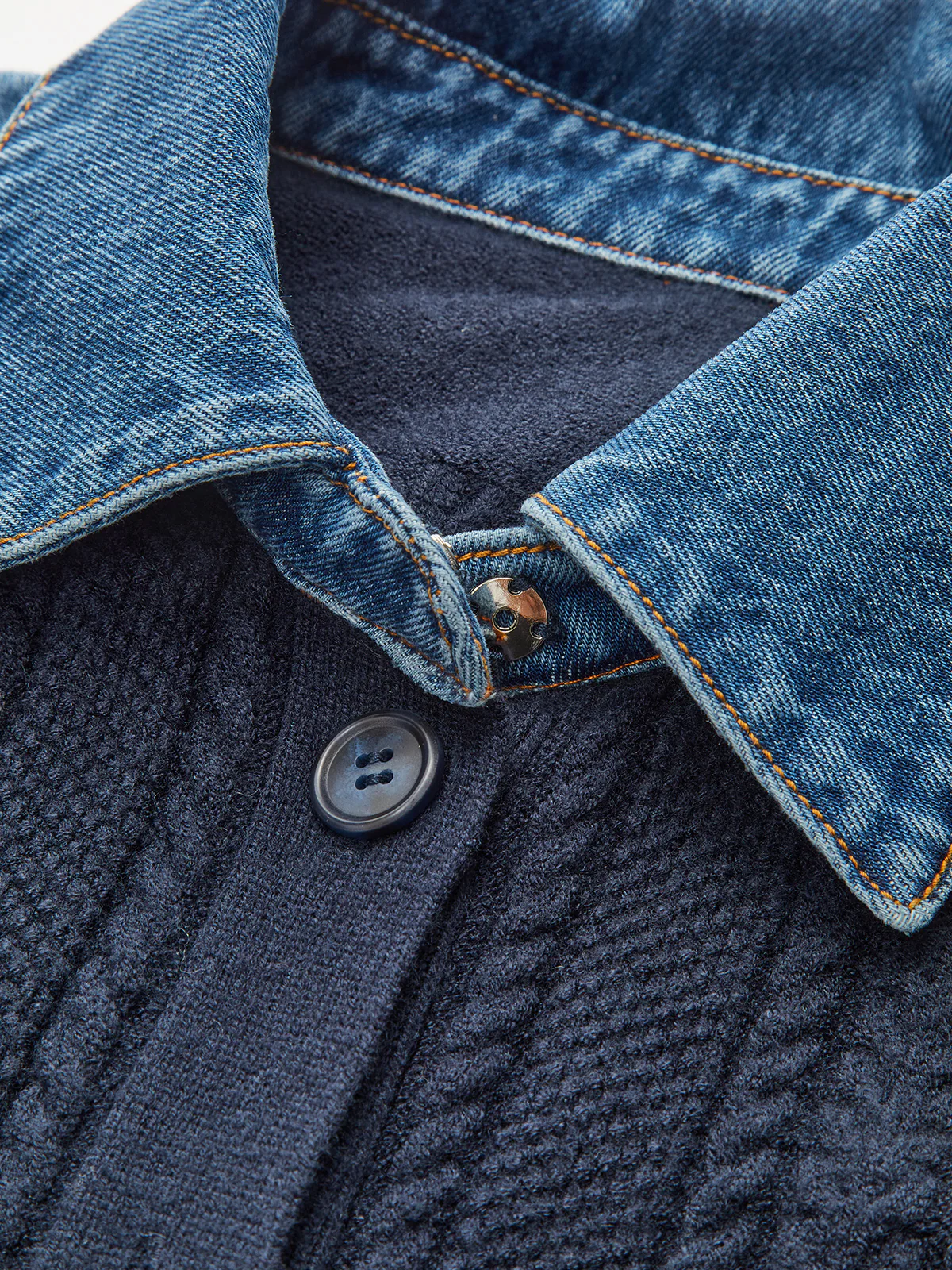 Denim Collar Cable Knit Button-Front Peplum Cardigan - Image 2
