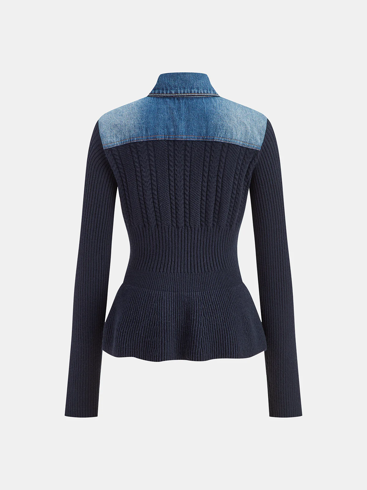 Denim Collar Cable Knit Button-Front Peplum Cardigan - Image 3