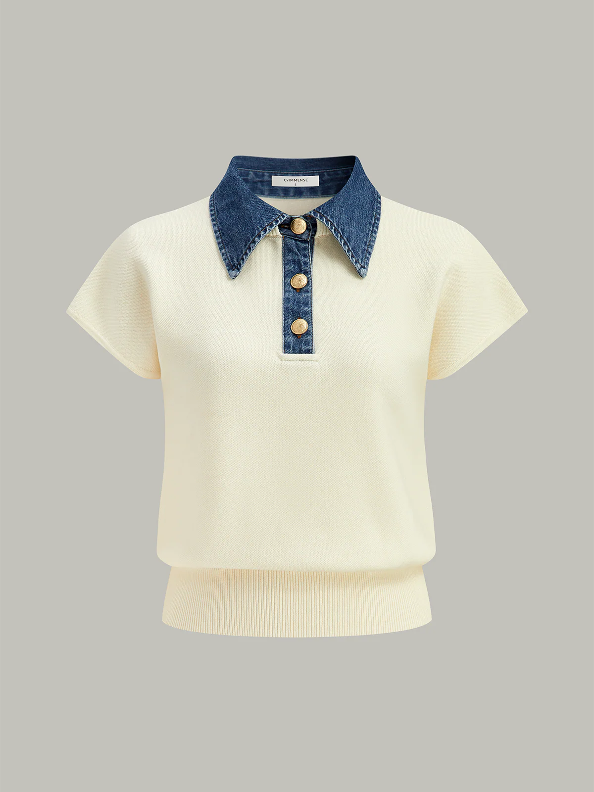 Denim Collar Cinched Knit Top - Image 2