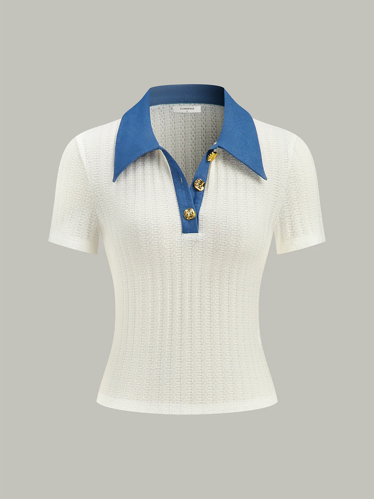 Denim-Collar Knit Polo Top with Metal Button - Image 2