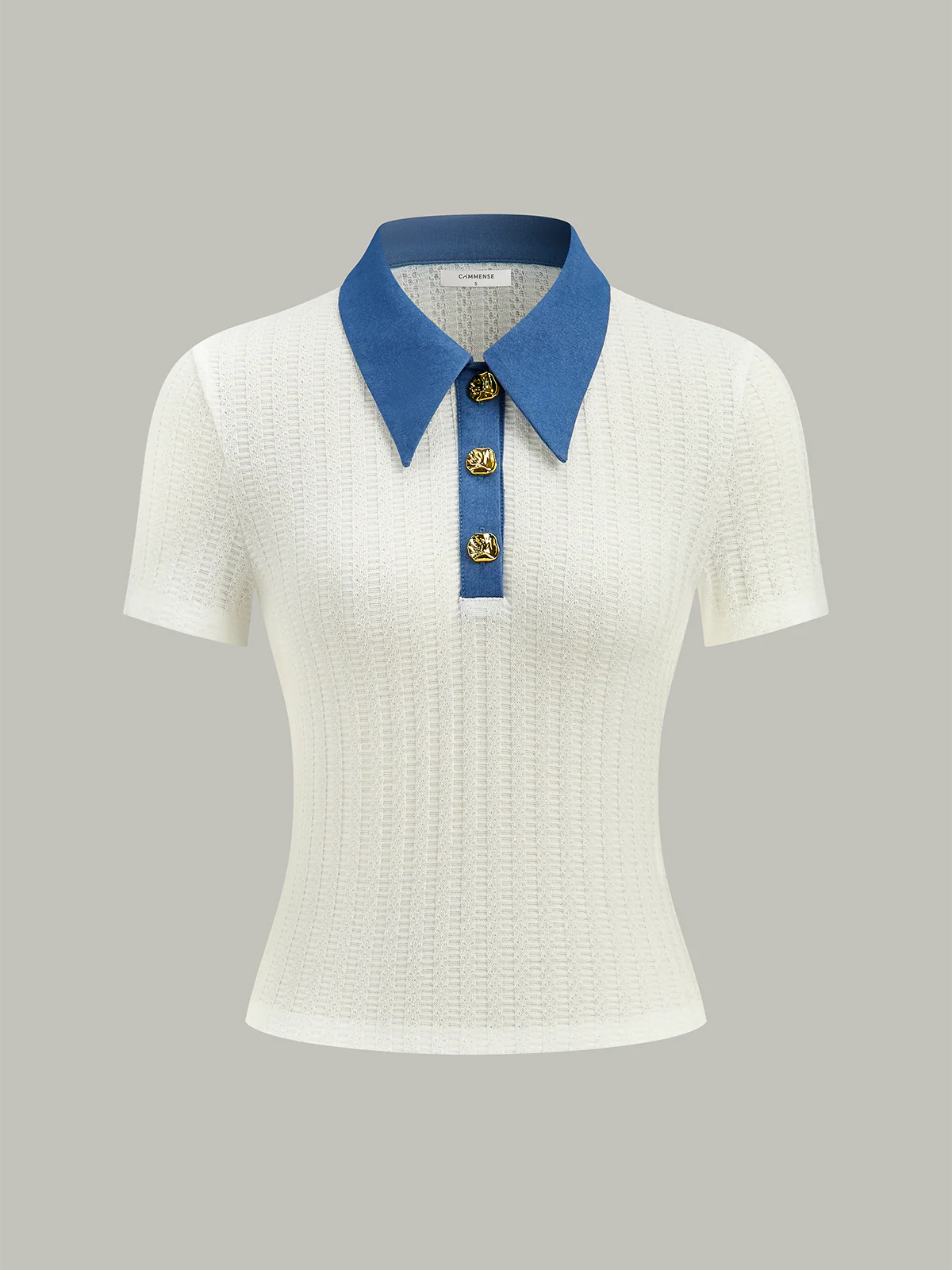 Denim-Collar Knit Polo Top with Metal Button - Image 3