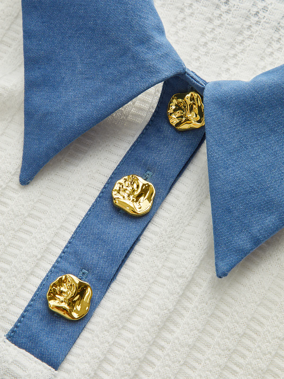 Denim-Collar Knit Polo Top with Metal Button - Image 5