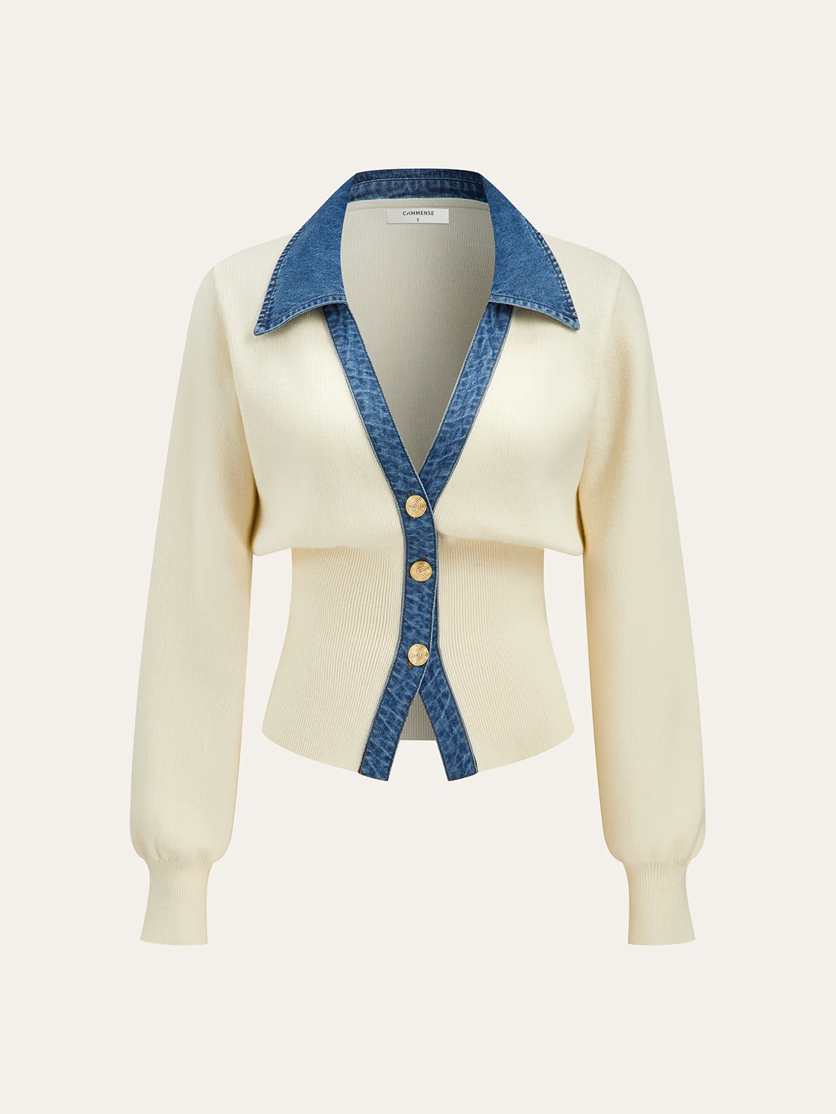 Denim Collar Metal Button V-Neck Knit Top
