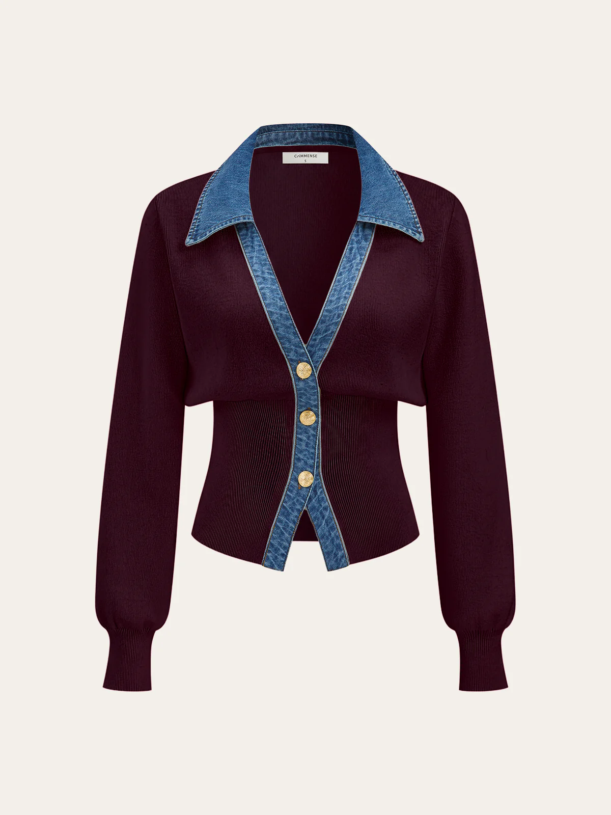 Denim Collar Metal Button V-Neck Knit Top - Image 5