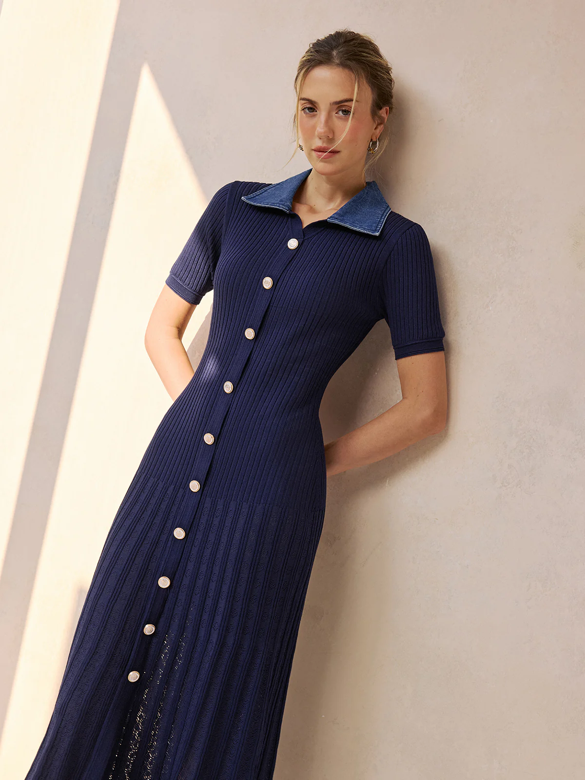Denim Collar Ribbed Knit Midi Dress - Image 2