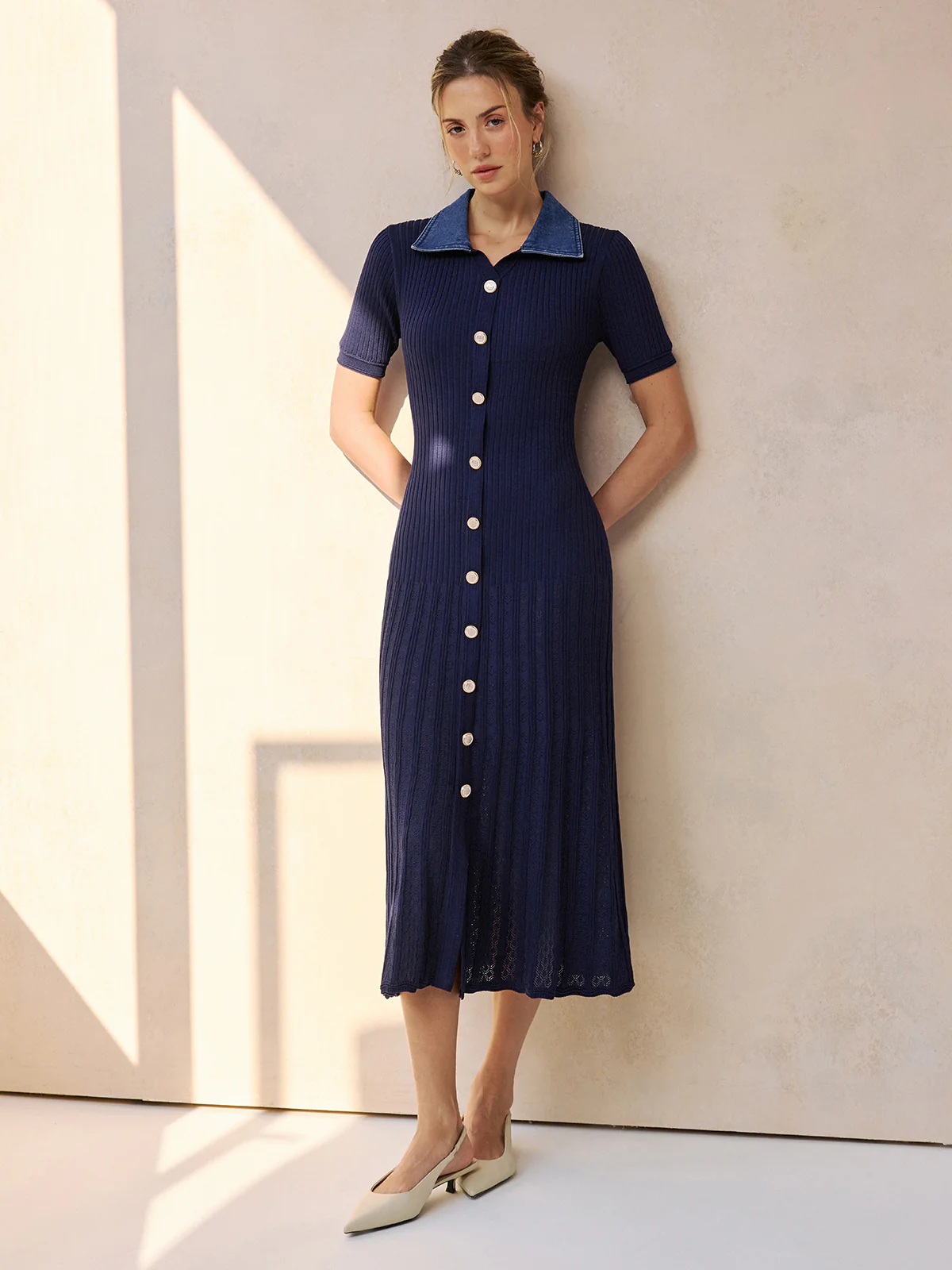 Denim Collar Ribbed Knit Midi Dress - Image 4
