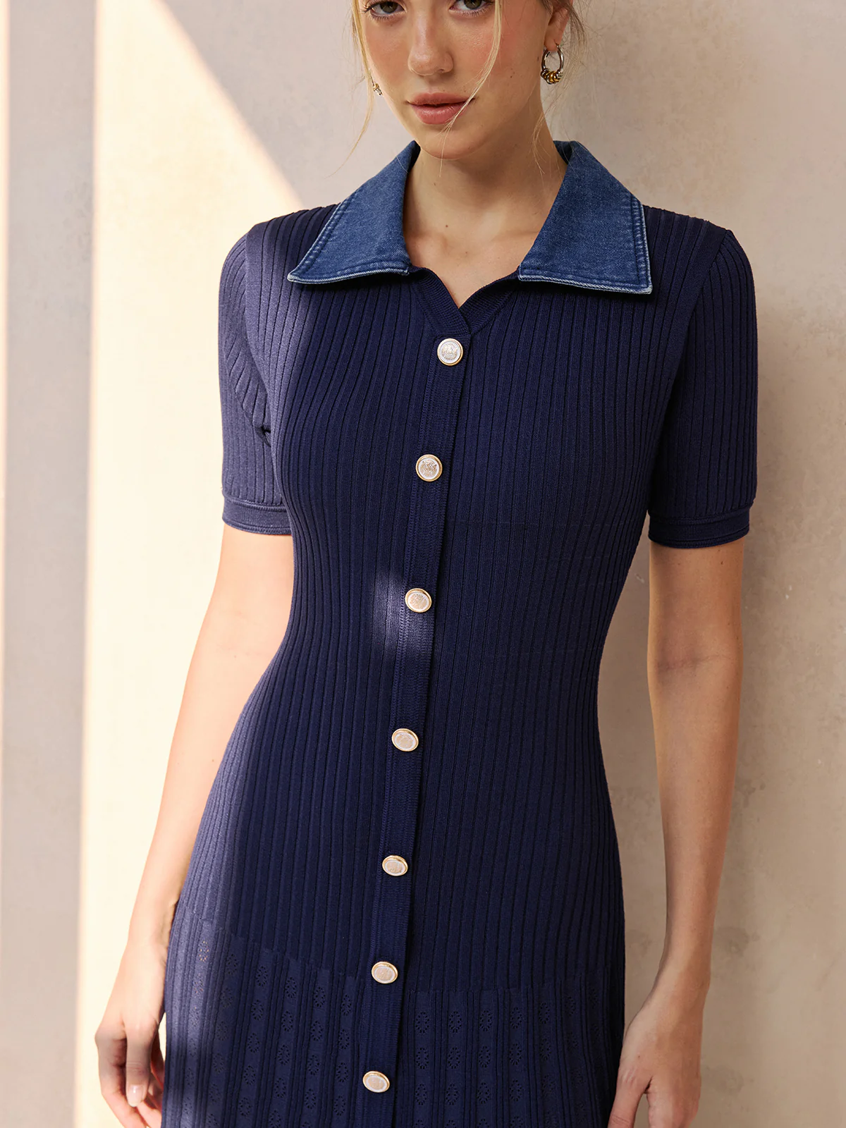 Denim Collar Ribbed Knit Midi Dress - Image 5