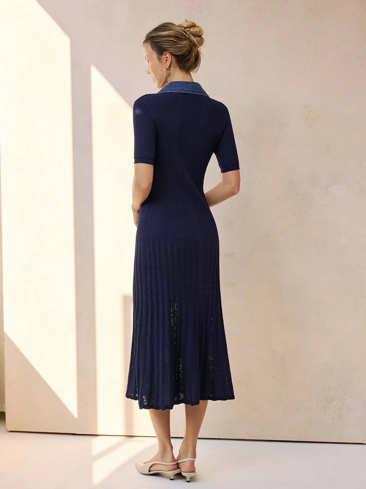 Denim Collar Ribbed Knit Midi Dress - Image 6