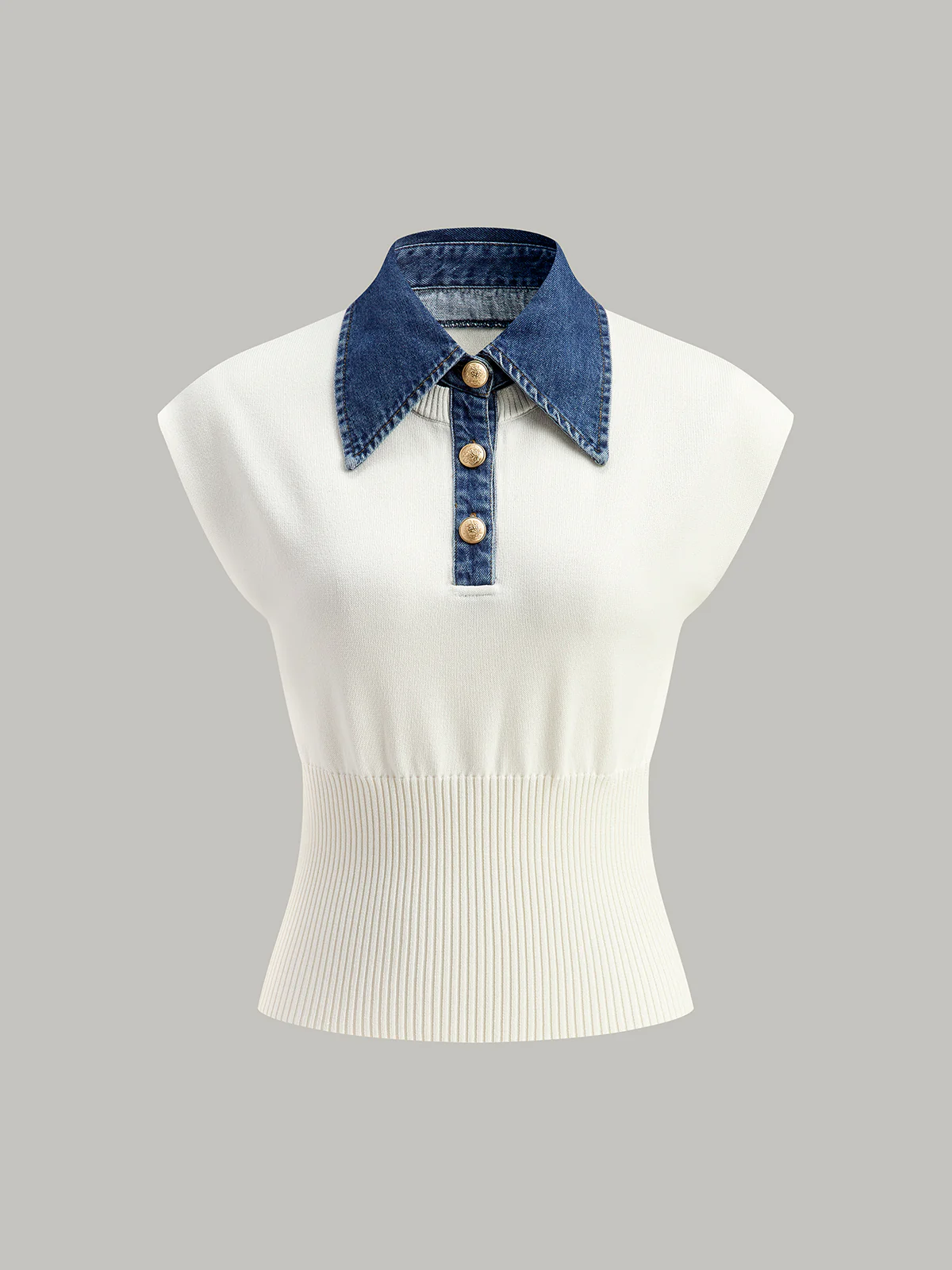 Denim Collar Ribbed Knit Top - Image 3