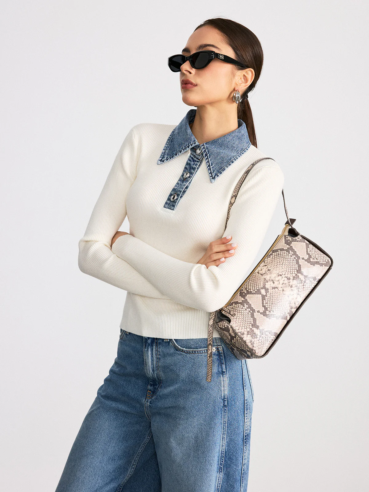 Denim Collar Wool Blend Knit Top