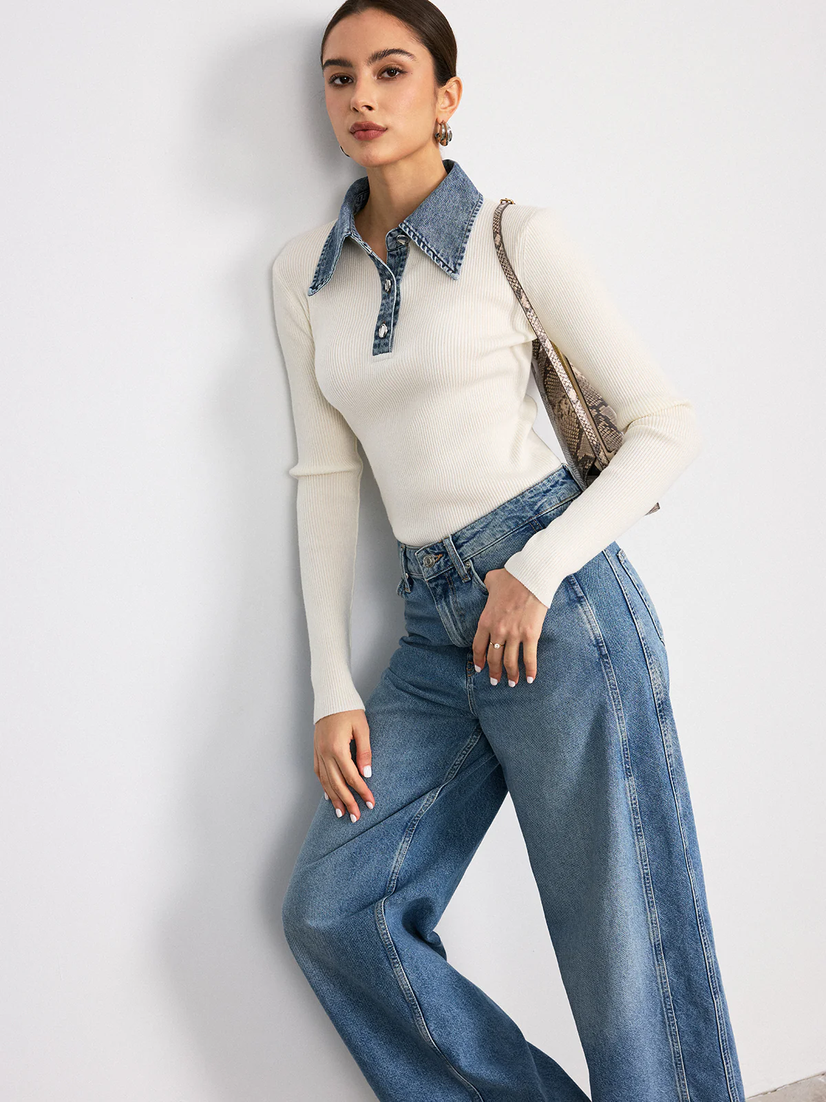 Denim Collar Wool Blend Knit Top - Image 2