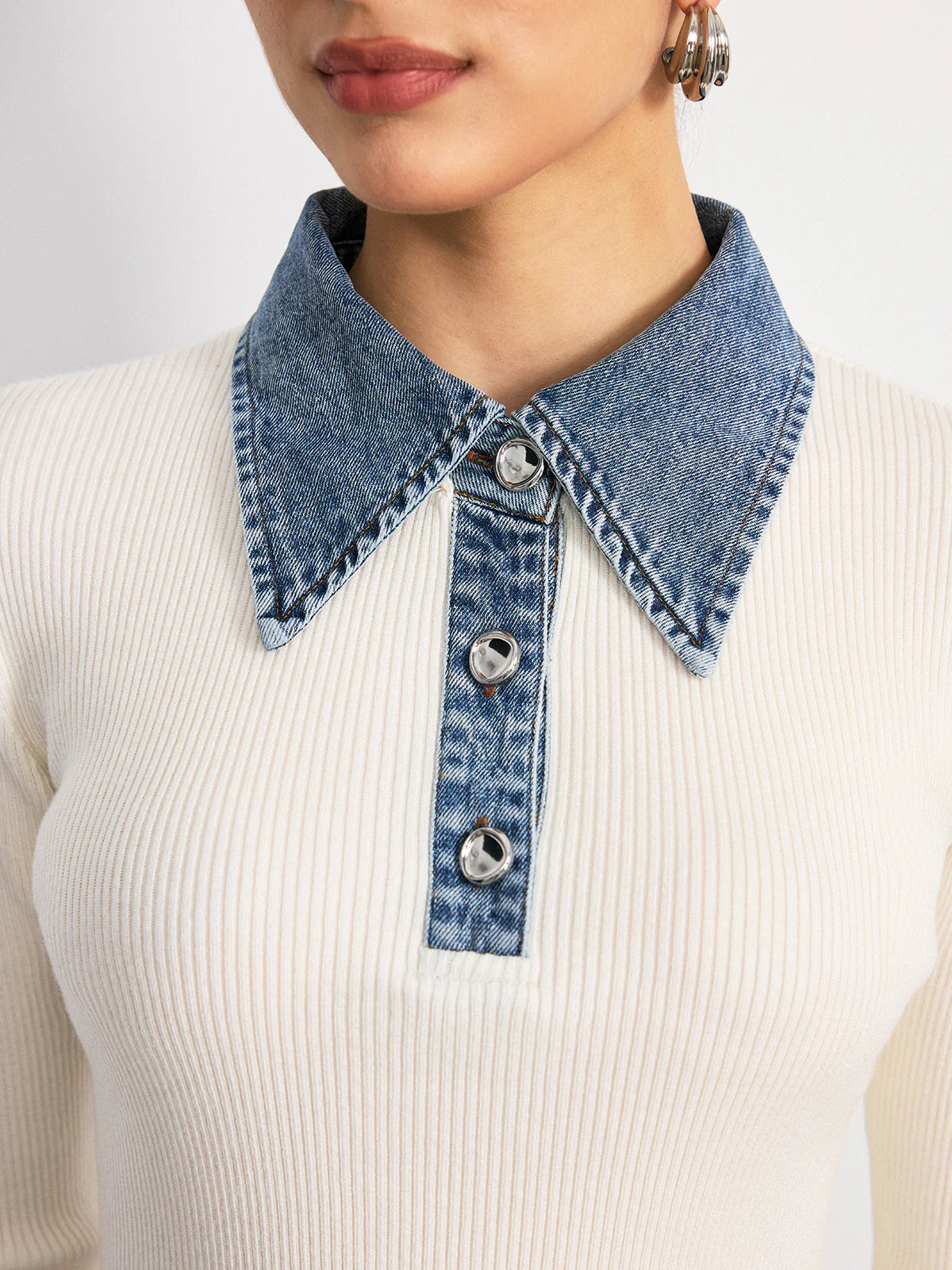 Denim Collar Wool Blend Knit Top - Image 3