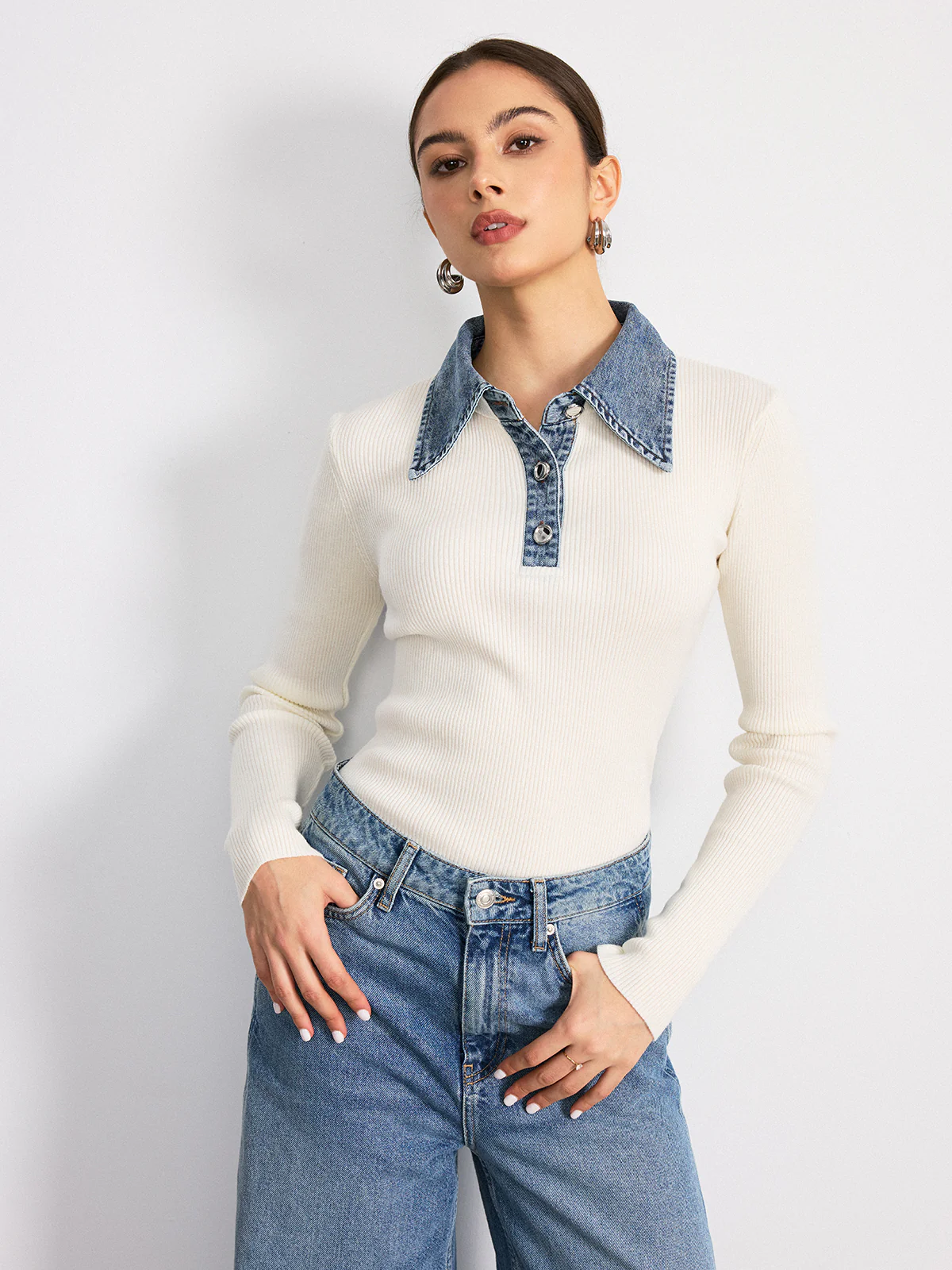 Denim Collar Wool Blend Knit Top - Image 4