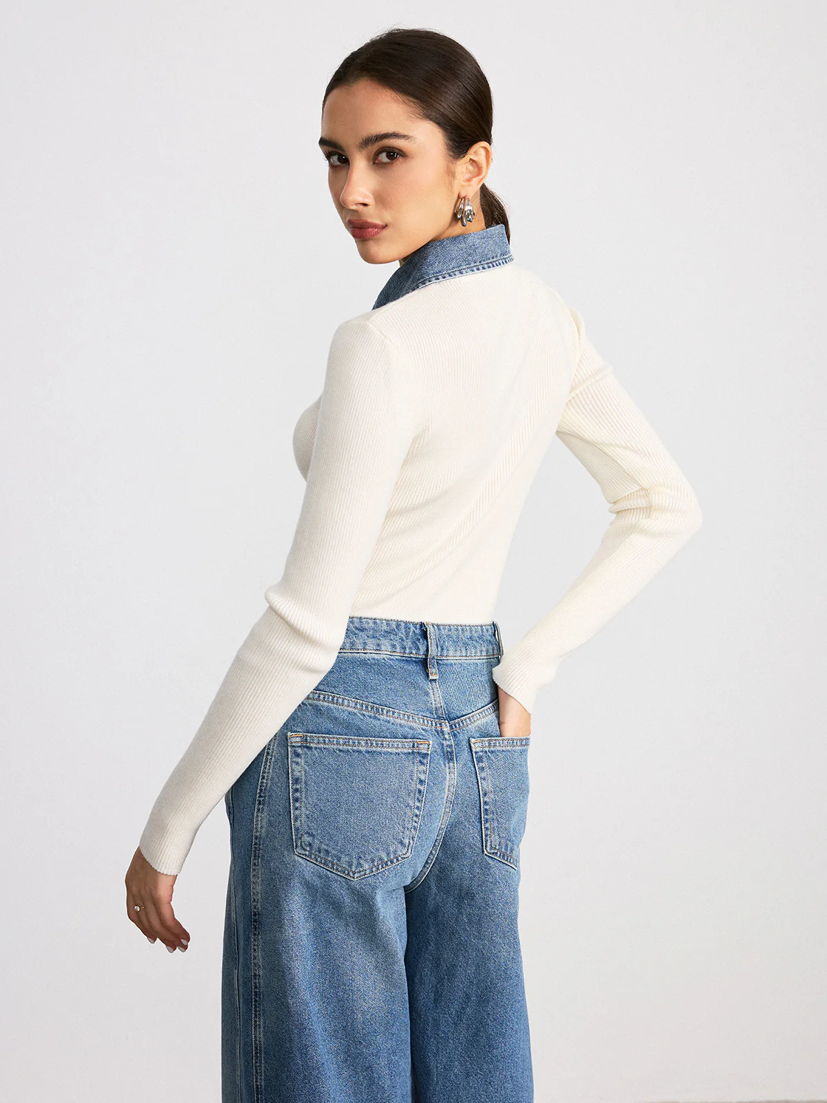 Denim Collar Wool Blend Knit Top - Image 5