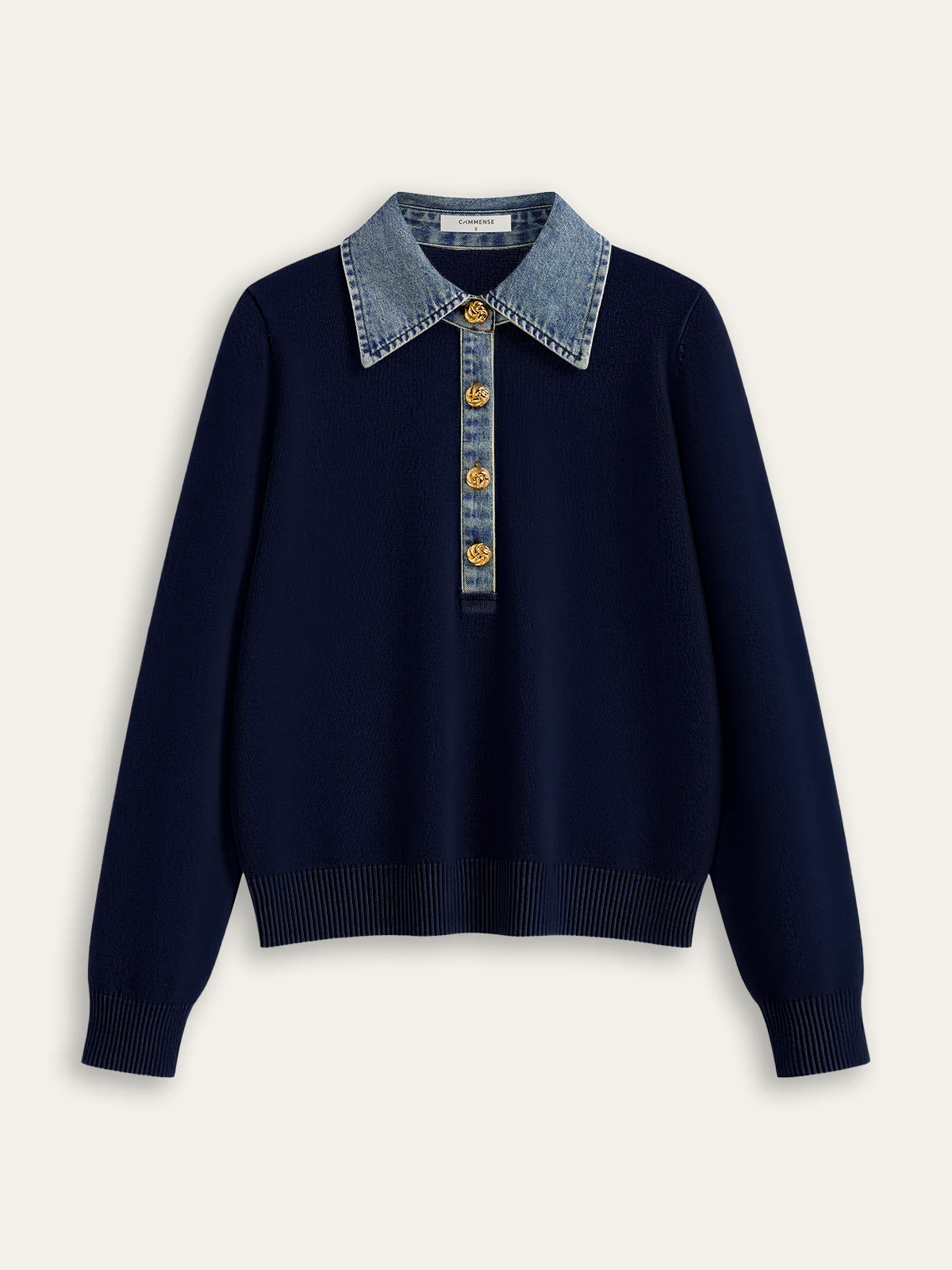 Denim Collar Wool Blend Knit Top - Image 5