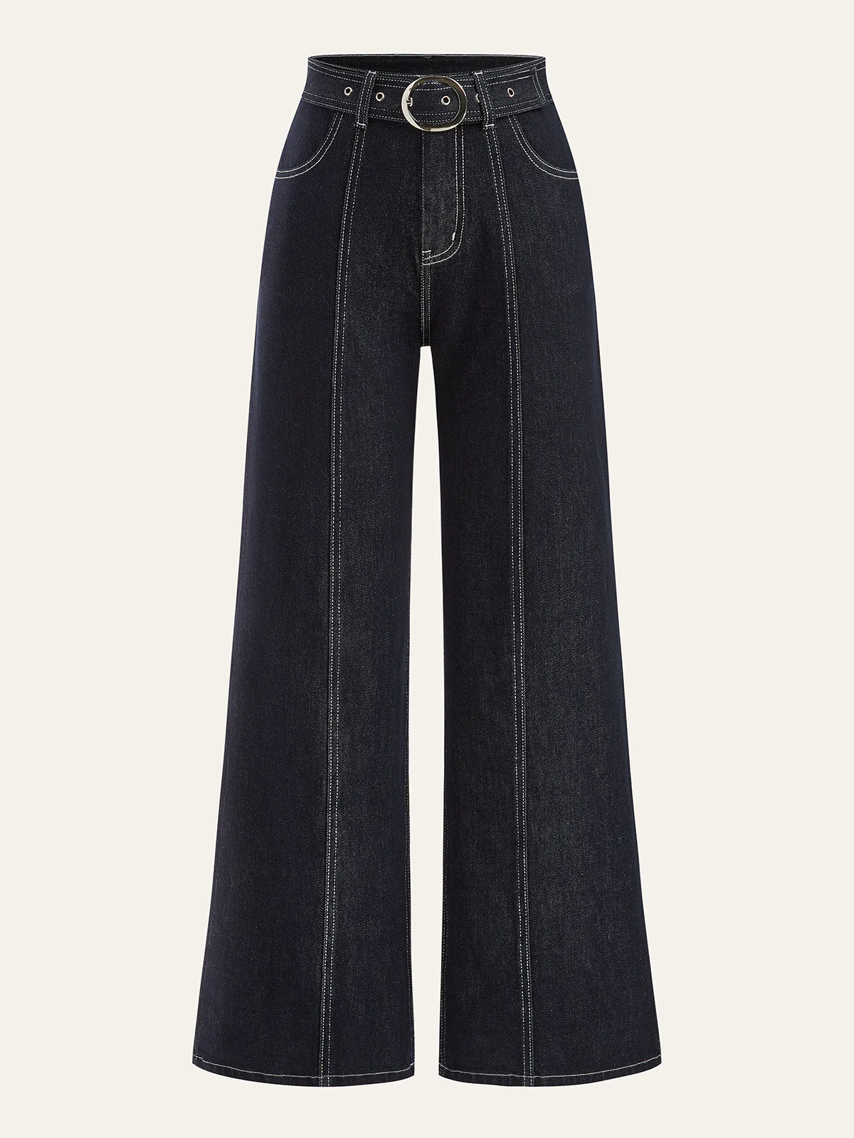 Denim Contrast-Stitch Pants with Belt - Image 2