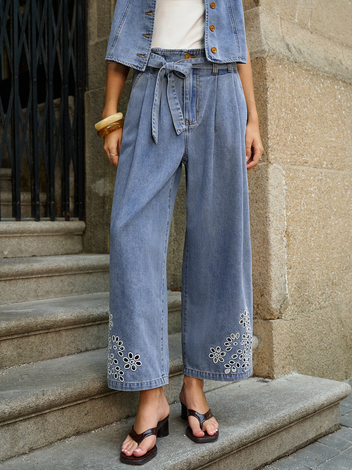 Denim Embroidery Tie-Waist Pants - Image 2