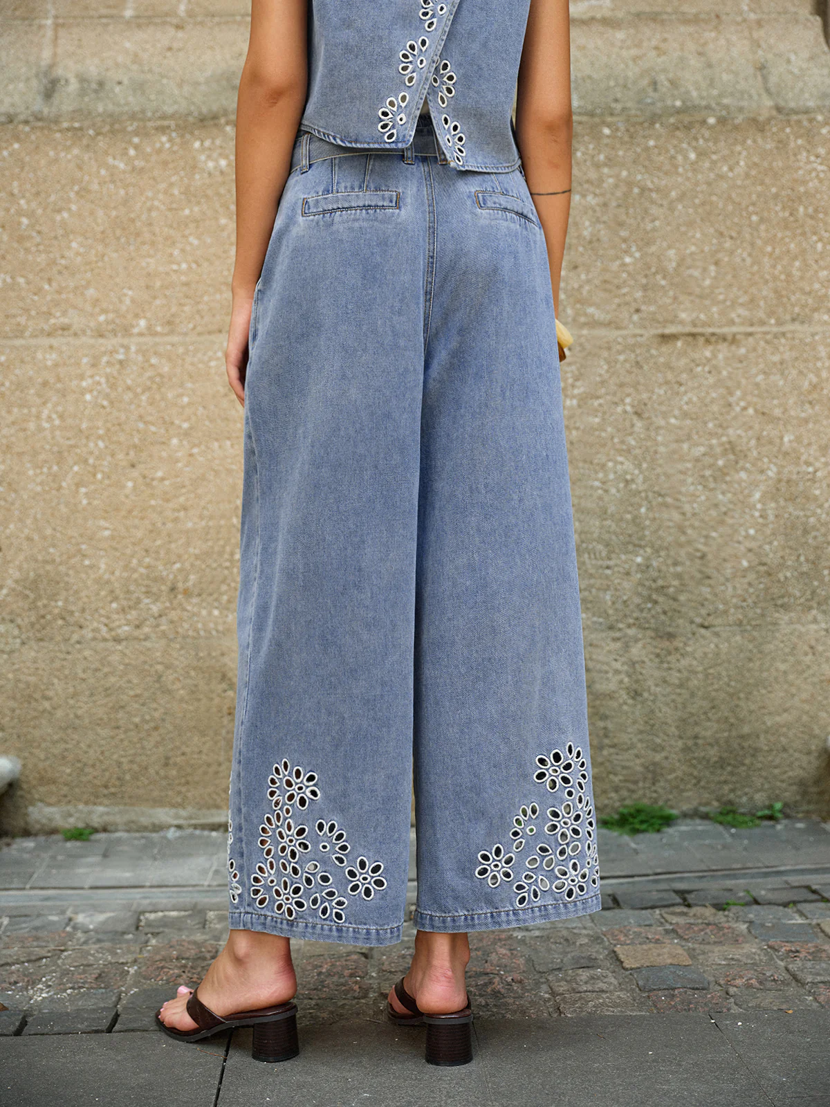 Denim Embroidery Tie-Waist Pants - Image 6