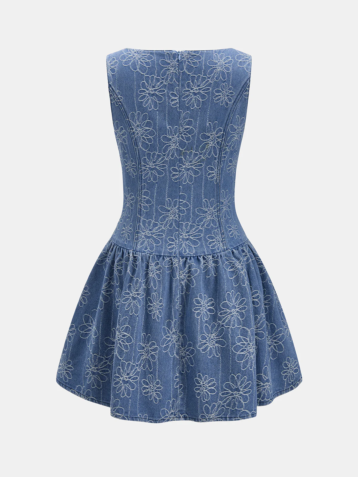 Denim Floral Jacquard Sleeveless Mini Dress - Image 2