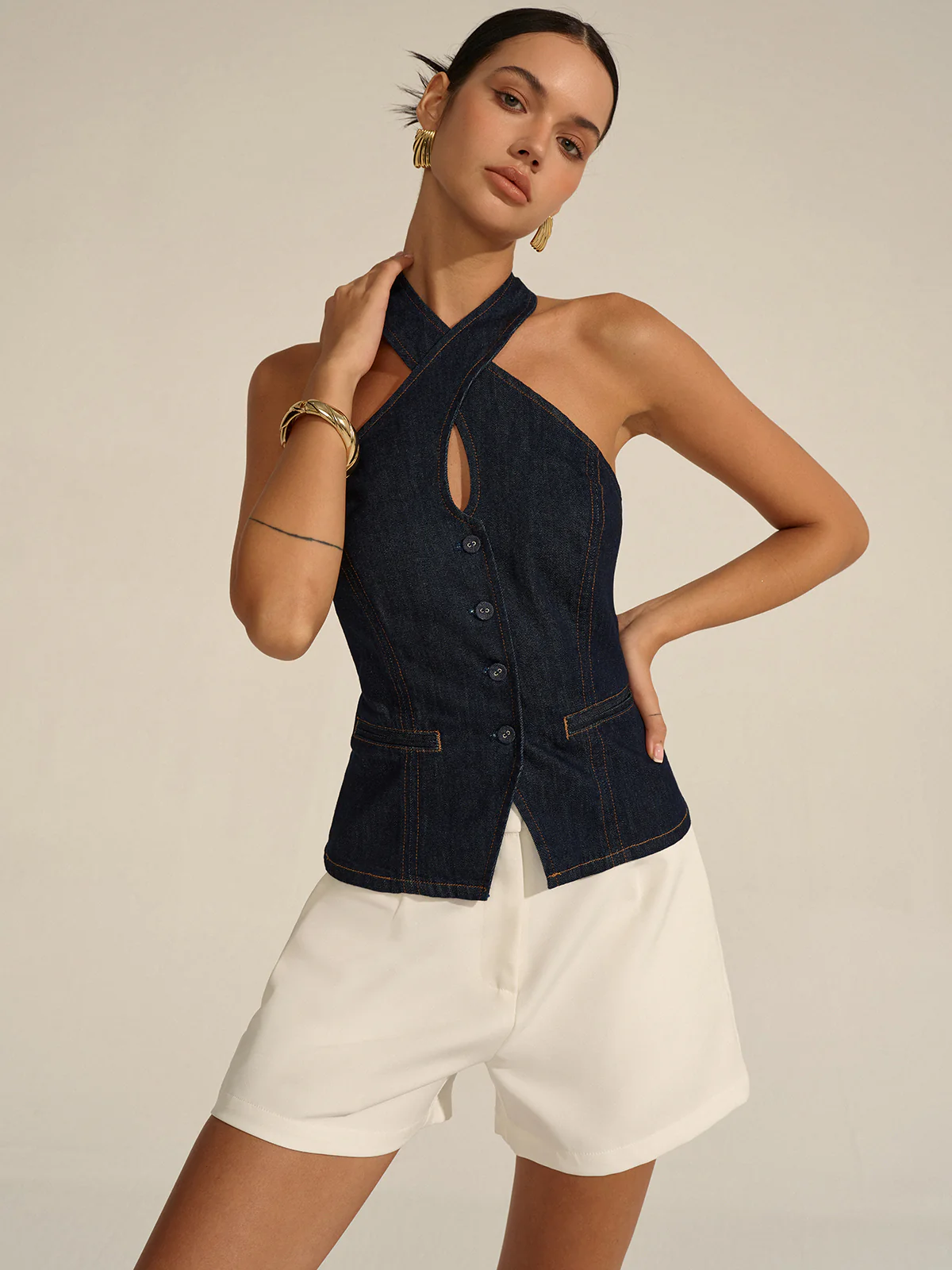Denim Halter Crisscross Backless Top - Image 2