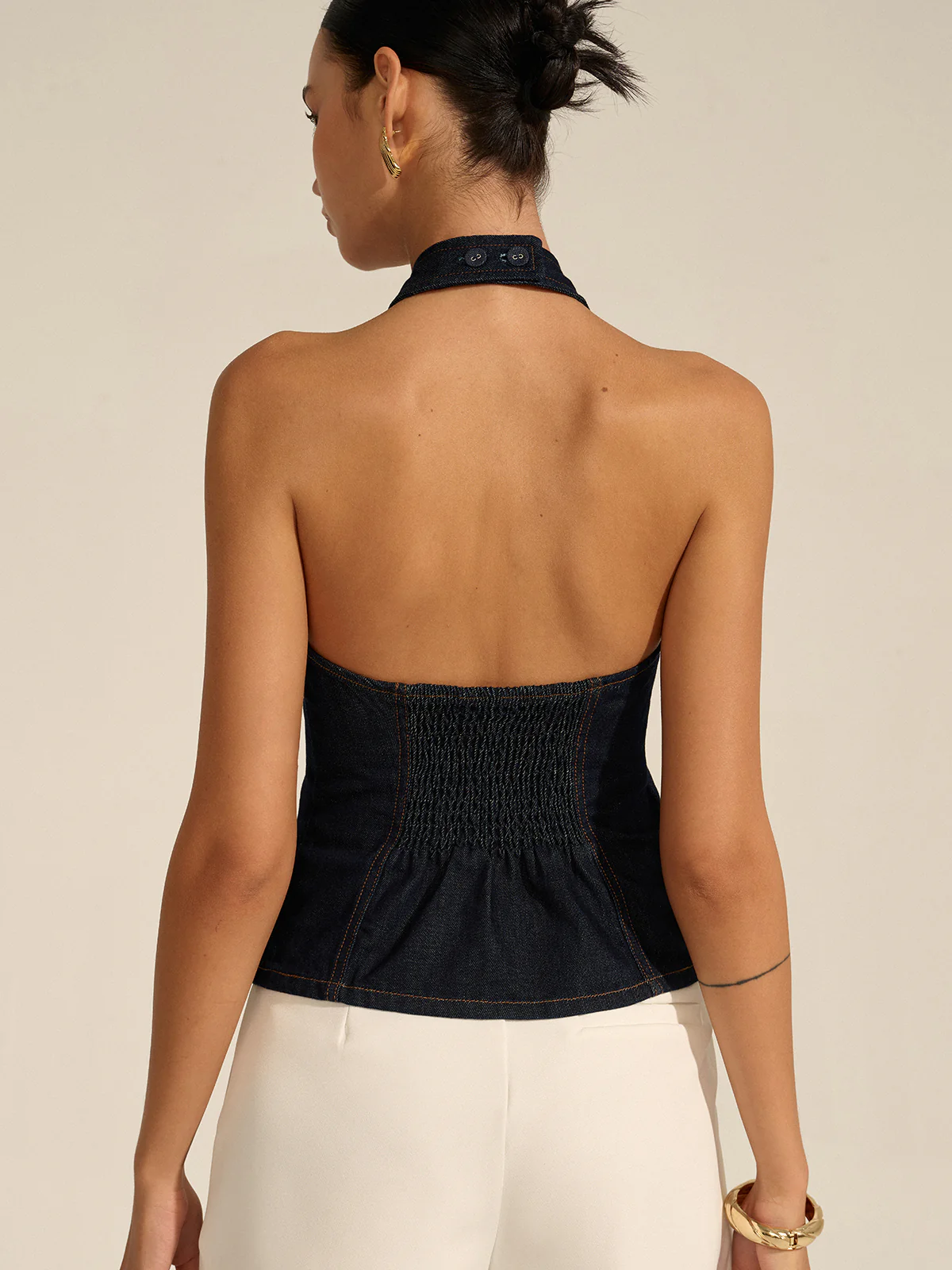 Denim Halter Crisscross Backless Top - Image 8