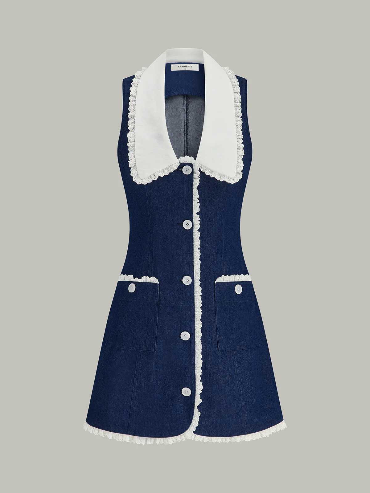 Denim Lace Trim Lapel Mini Dress - Image 2