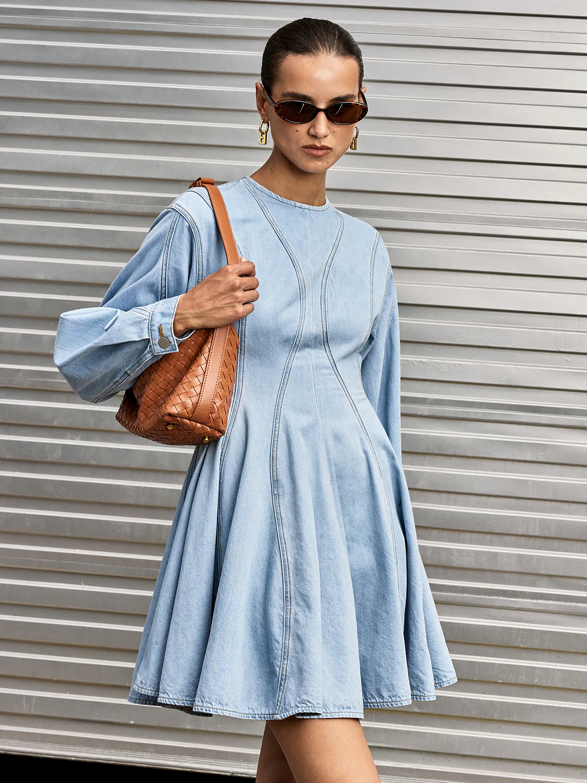 Denim Long Sleeve Flare Dress - Image 3