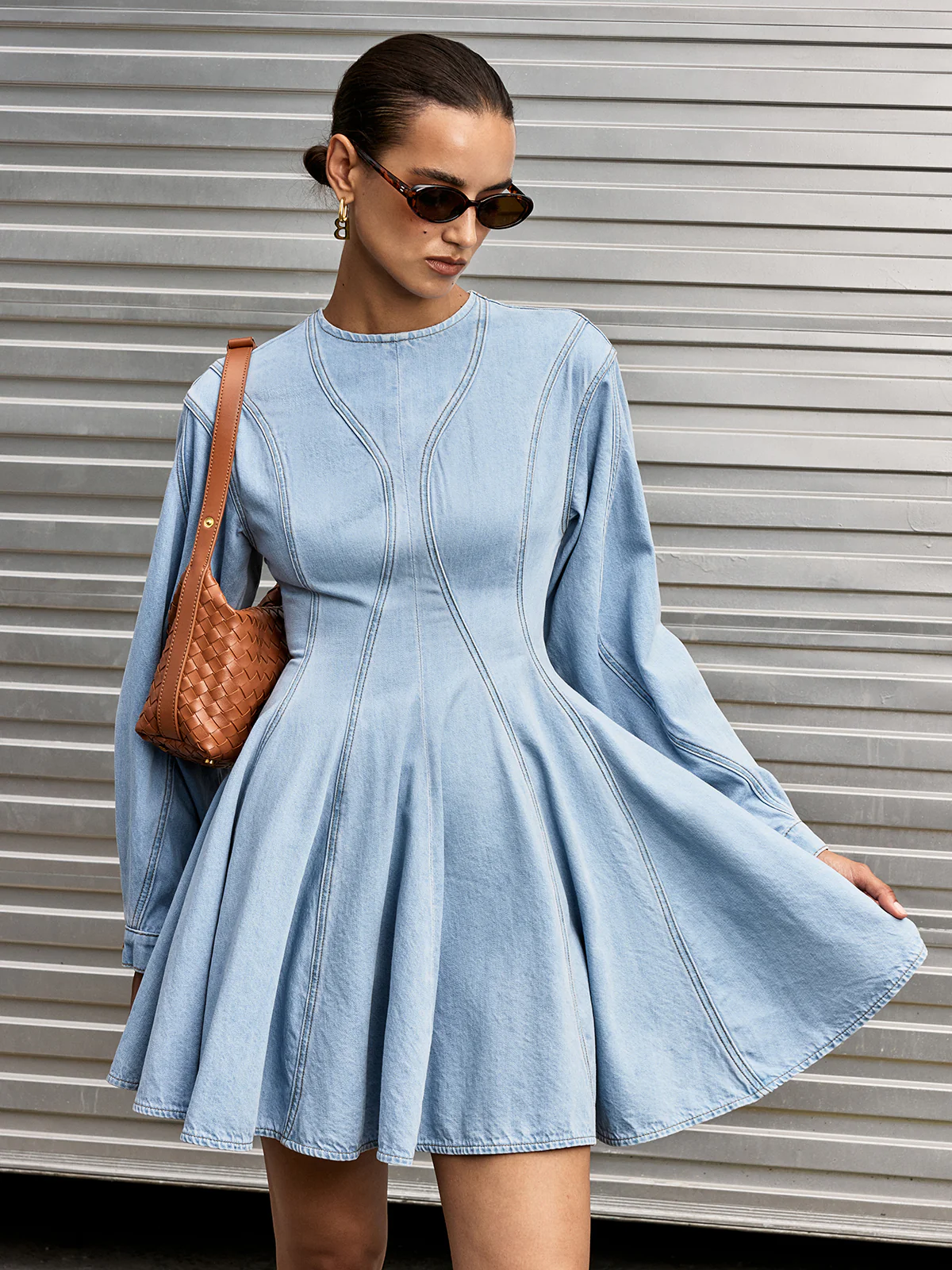 Denim Long Sleeve Flare Dress - Image 4