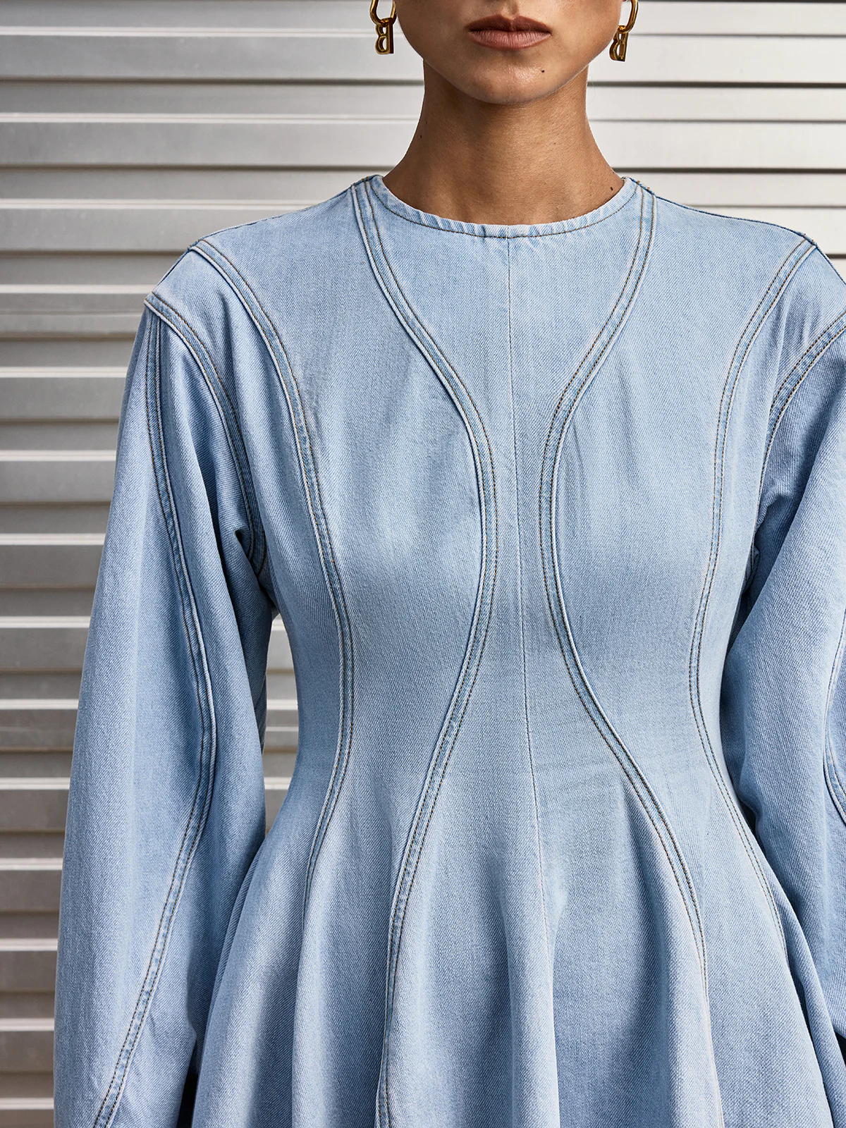 Denim Long Sleeve Flare Dress - Image 5