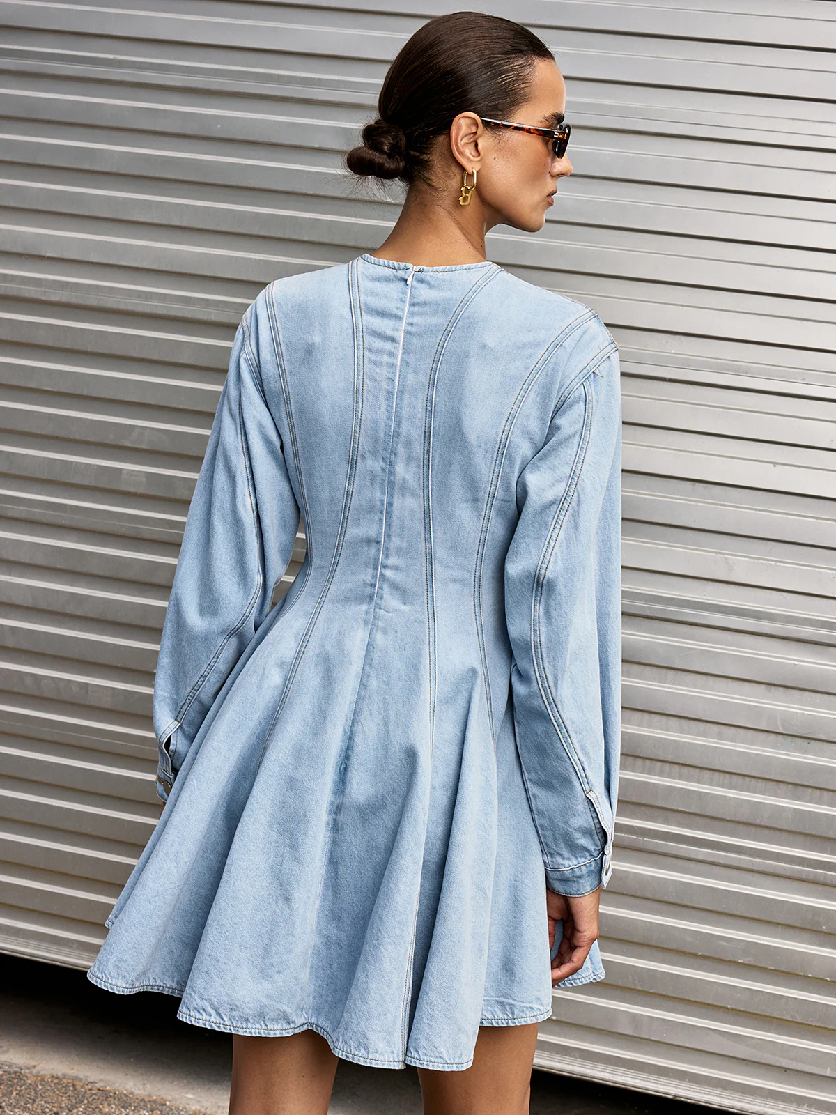Denim Long Sleeve Flare Dress - Image 6