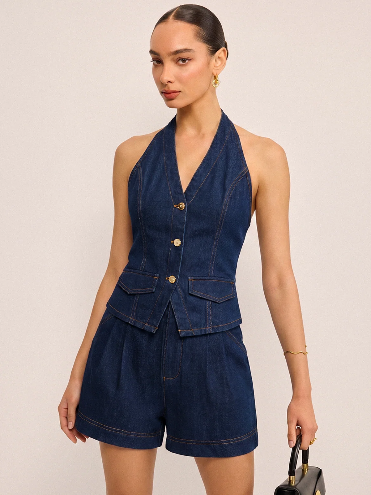Denim Metal Button Halter Vest & Shorts Set