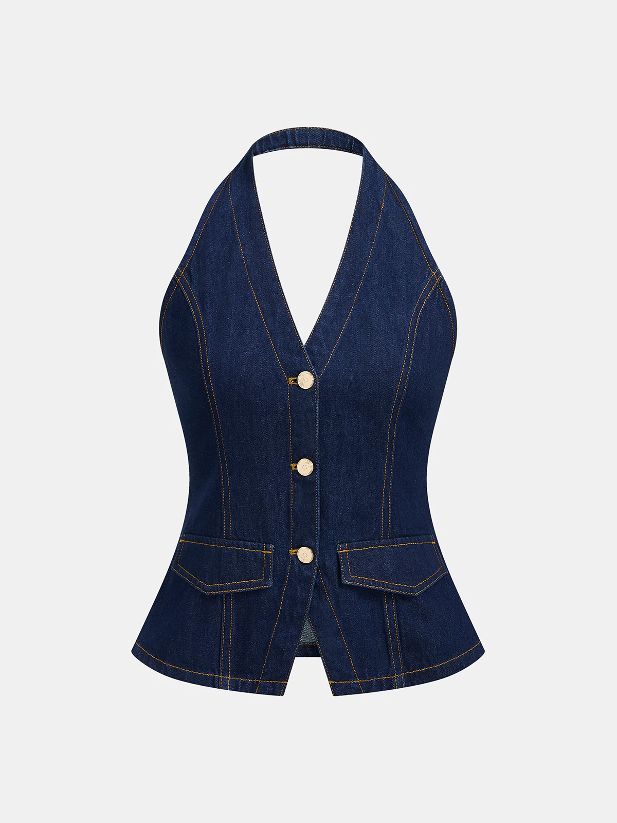 Denim Metal Button Halter Vest & Shorts Set - Image 3