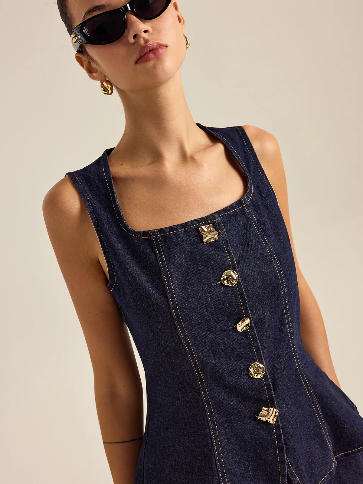 Denim Metal Button Peplum Top and Pants Set - Image 2