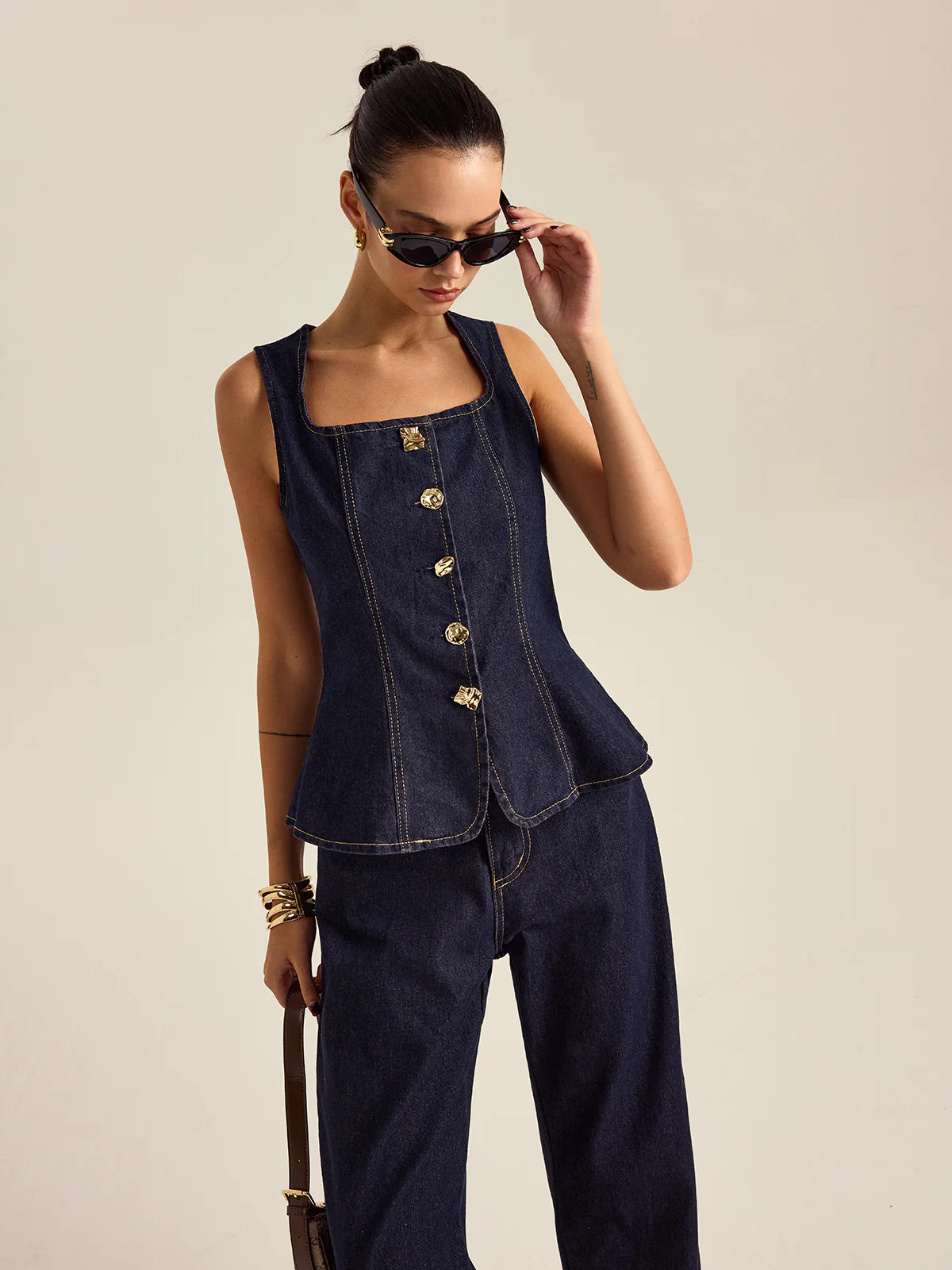 Denim Metal Button Peplum Top and Pants Set - Image 6