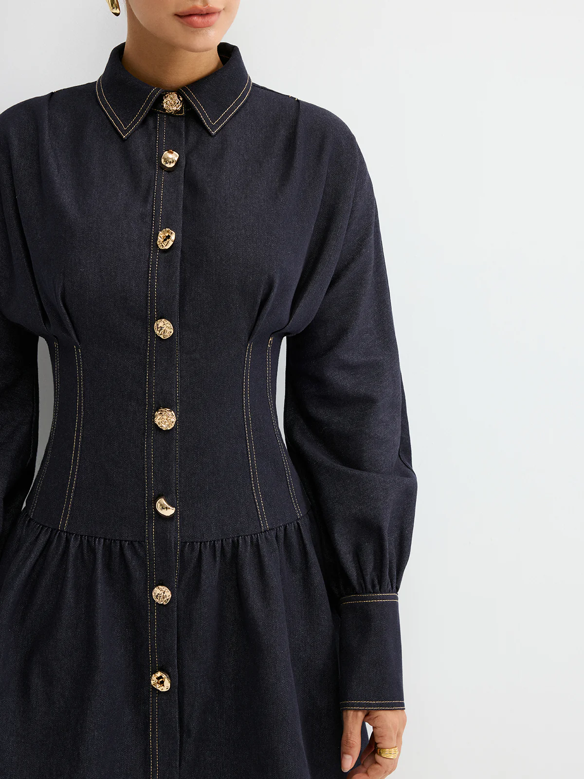Denim Metal Button Shirt Dress - Image 4