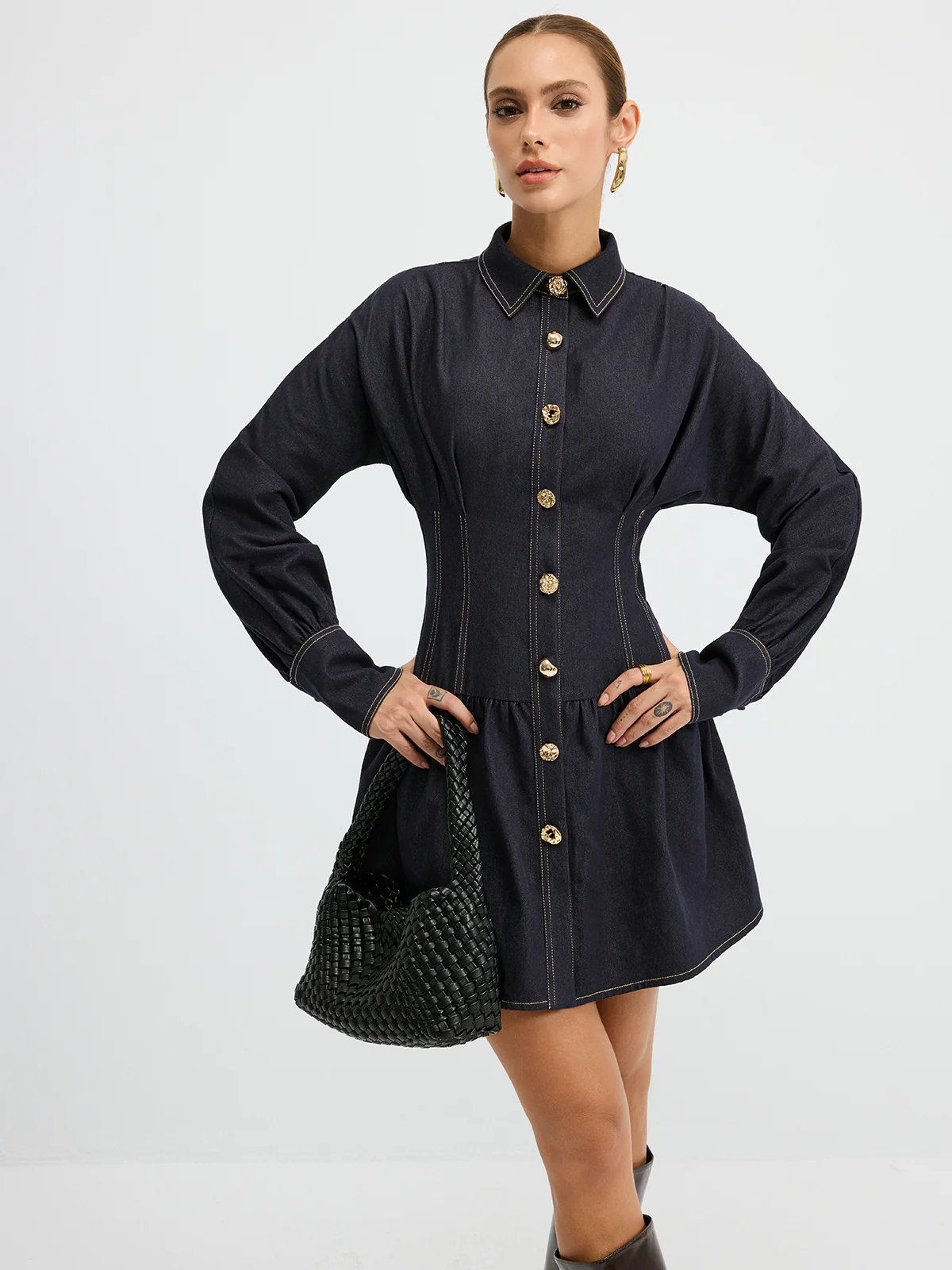 Denim Metal Button Shirt Dress - Image 5