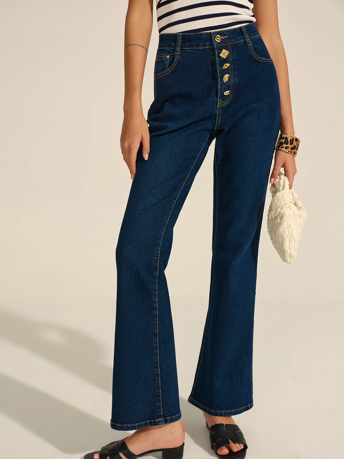 Denim Metal Decor Flared Pants - Image 3